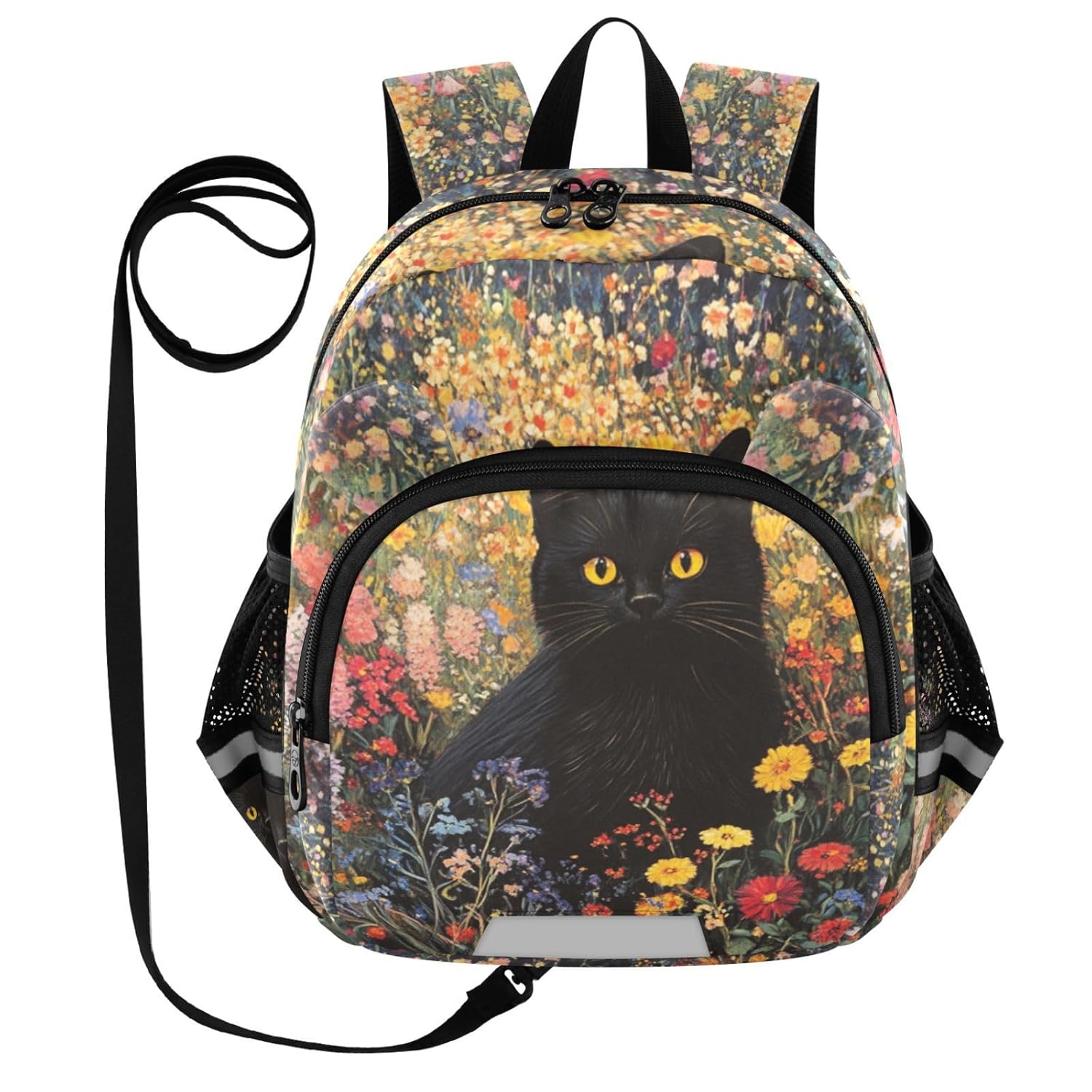 Black Cat Colorful Flowers Toddler Harness Backpack for Boys Girls 3-6 Years Kids Backpack with Anti Lost Safety Leash Baby Travel Bag for Walking Preschool Travel
