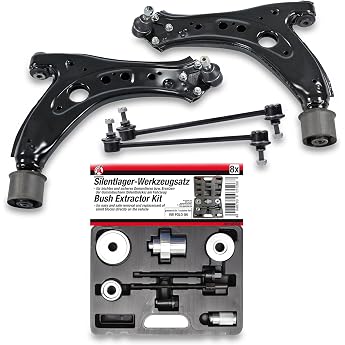 BESTPRICE 2x Front Lower Suspension Arm Left & Right + Silent Bearing Tool Puller Set Rubber Bearing 2x Front Coupling Rod