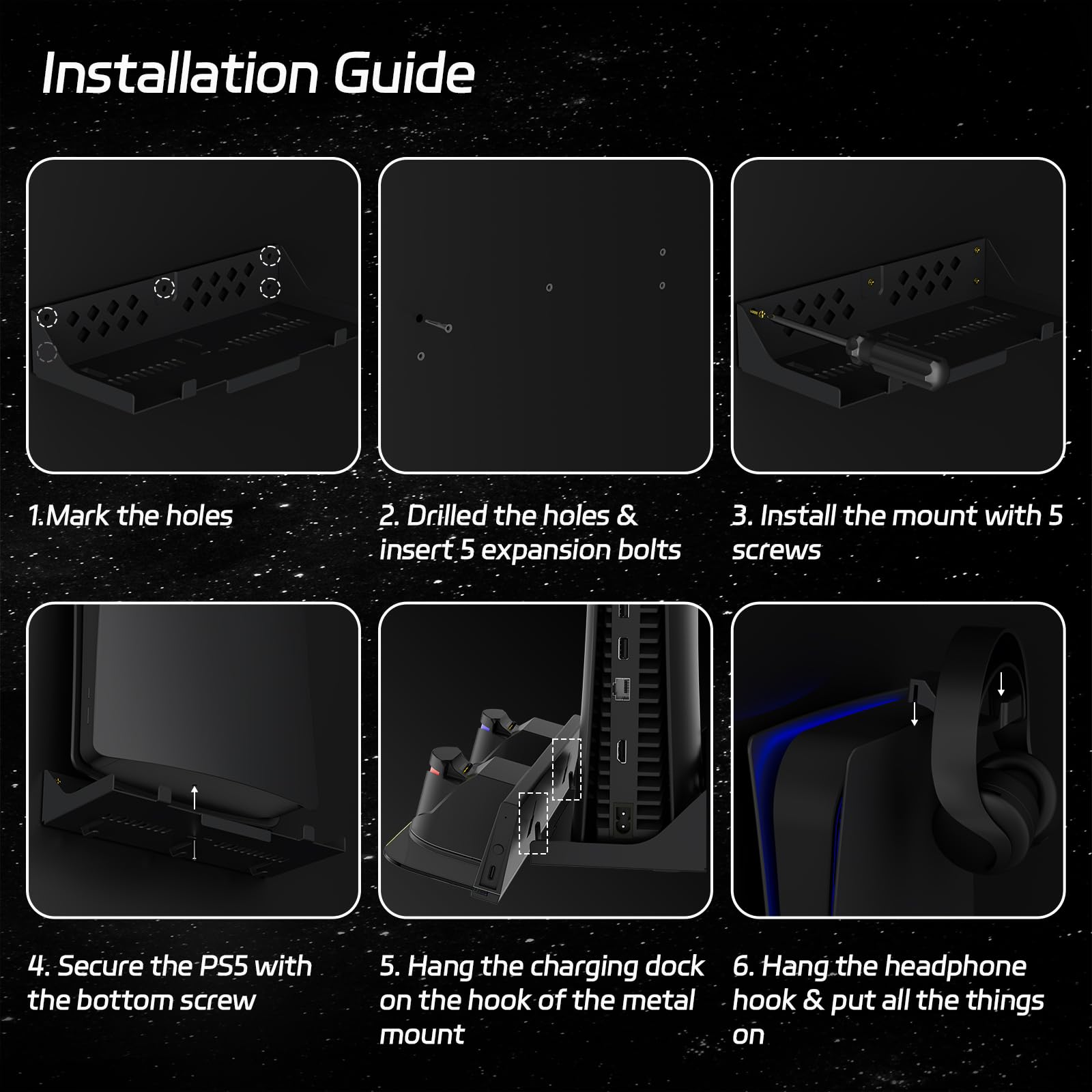 Hosanwell Kit di montaggio a parete per PS5 con stazione di ricarica, compatibile con PlayStation 5 e PS5 Slim e Pro, ricarica rapida 2 ore, stazione di ricarica a doppio uso con luce RGB