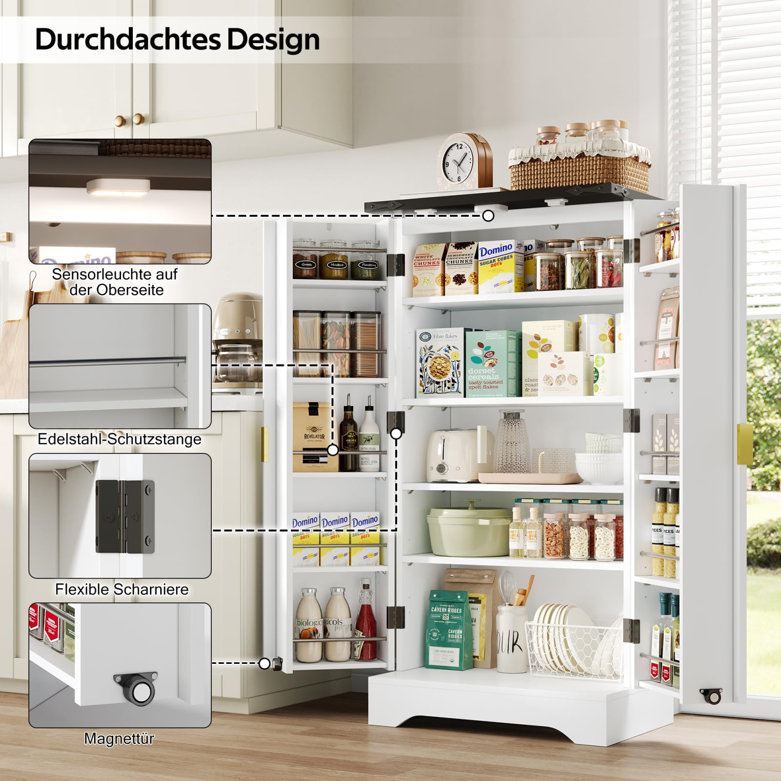 Küchenschrank mit Doppeltür, Haushaltsschrank mit Verstellbare Einlegeböden und Stauraum, Moderner Mehrzweckschrank mit Fächer, für Esszimmer Wohnzimmer, Küche, Streifendesign, Weiß (60.5x40x120cm)