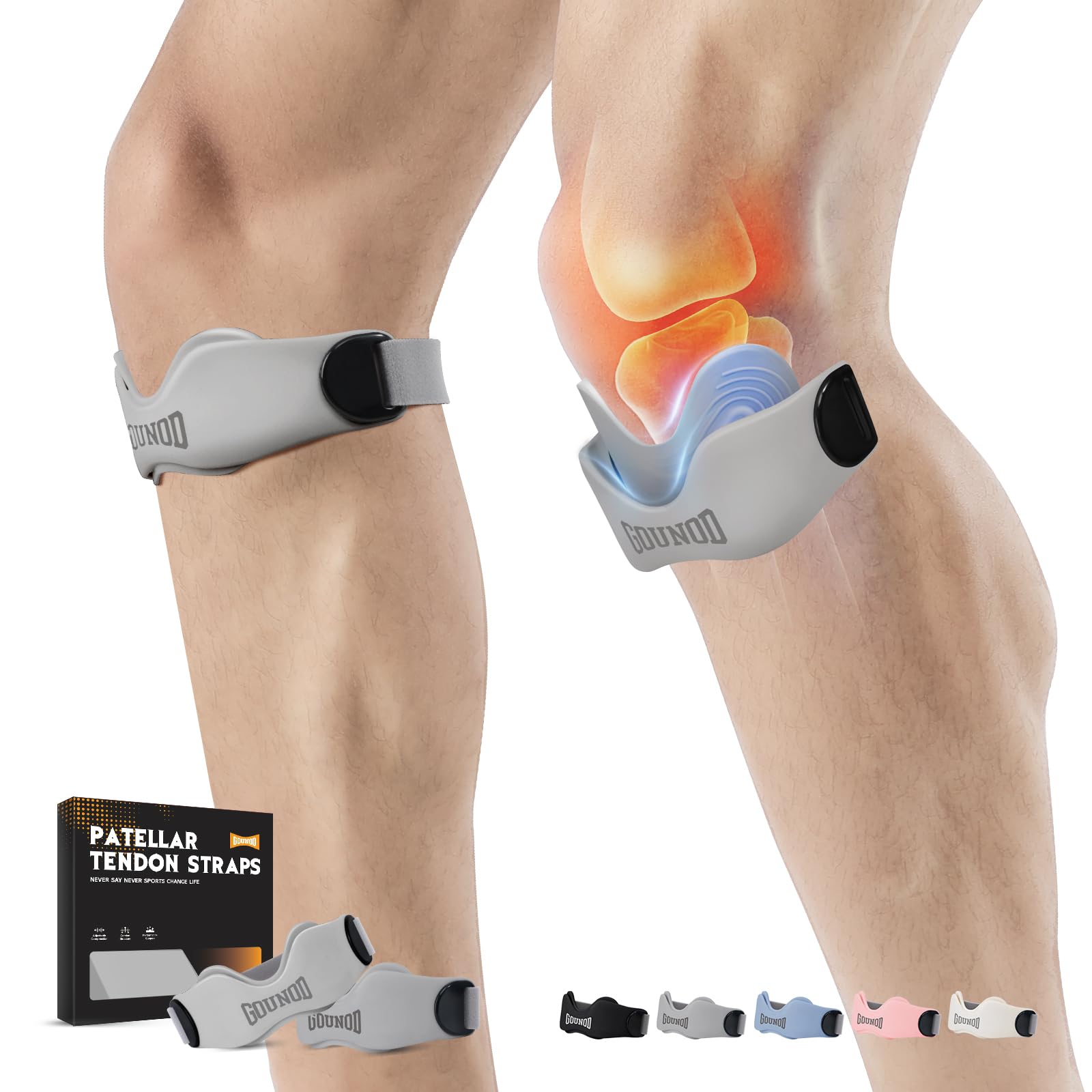 GOUNOD Lot de 2 sangles de soutien du tendon rotulien, en silicone pour soulager la douleur du genou, bande rotulienne pour basket-ball, tendinite, course, randonnée, football, Osgood Schlatter, gris