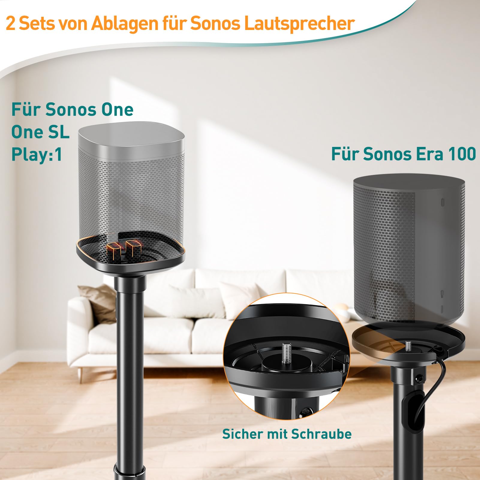 ELIVED Lautsprecherständer für Era 100 und Sonos One, One SL, Play: 1, Höhenverstellbar 88,8 cm-110,3 cm, Boxenständer Lautsprecher Ständer, 1 Paar, EV5024