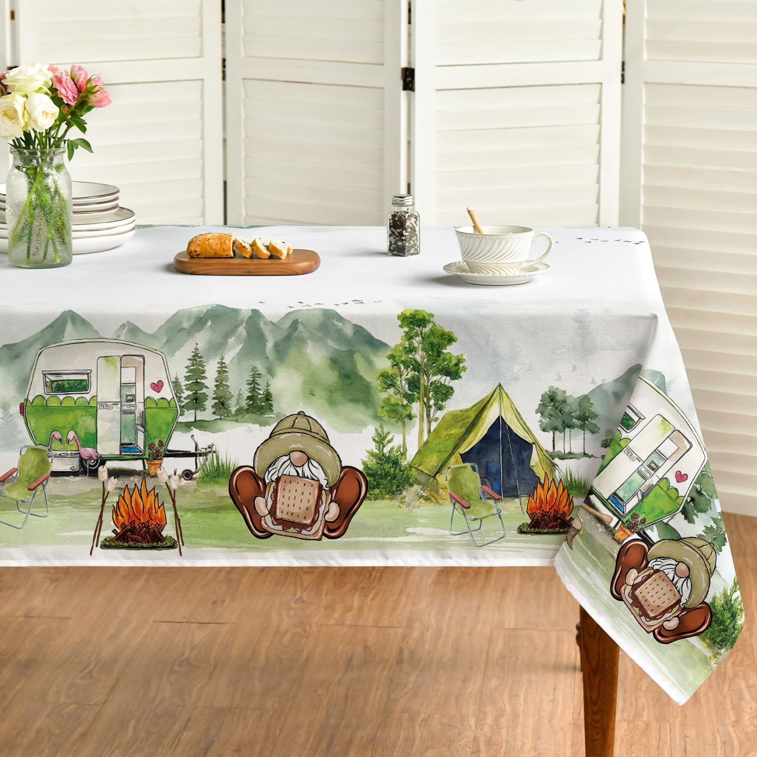 Horaldaily Camping Party Tablecloth, 60×84 Inch Rectangular, Camping Table Cover, Campfire Tent Decoratoins for Camp Birthday Party Picnic Hiking Adventure