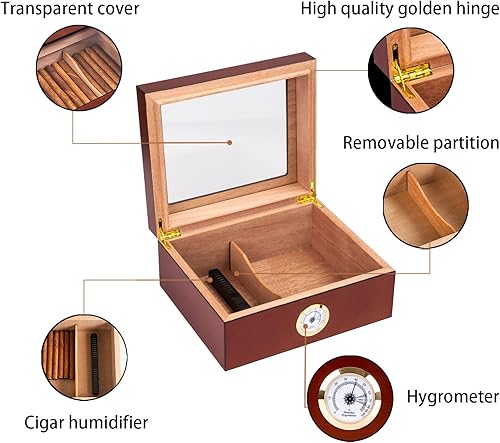 Miniatura 4 de Somduy Humidor de puros para 30-50 puros con humidificador e higrómetro, caja de almacenamiento de madera de cedro de escritorio con divisor y tapa