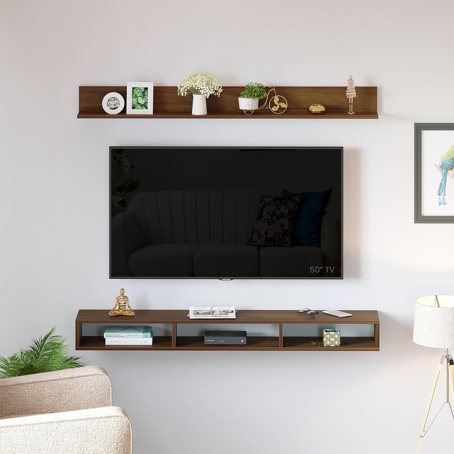 Furniture Cafe Wood Wall Mount TV Entertainment Unit with Shelf for Show Pieces Books Living Room Bed Room-image-43