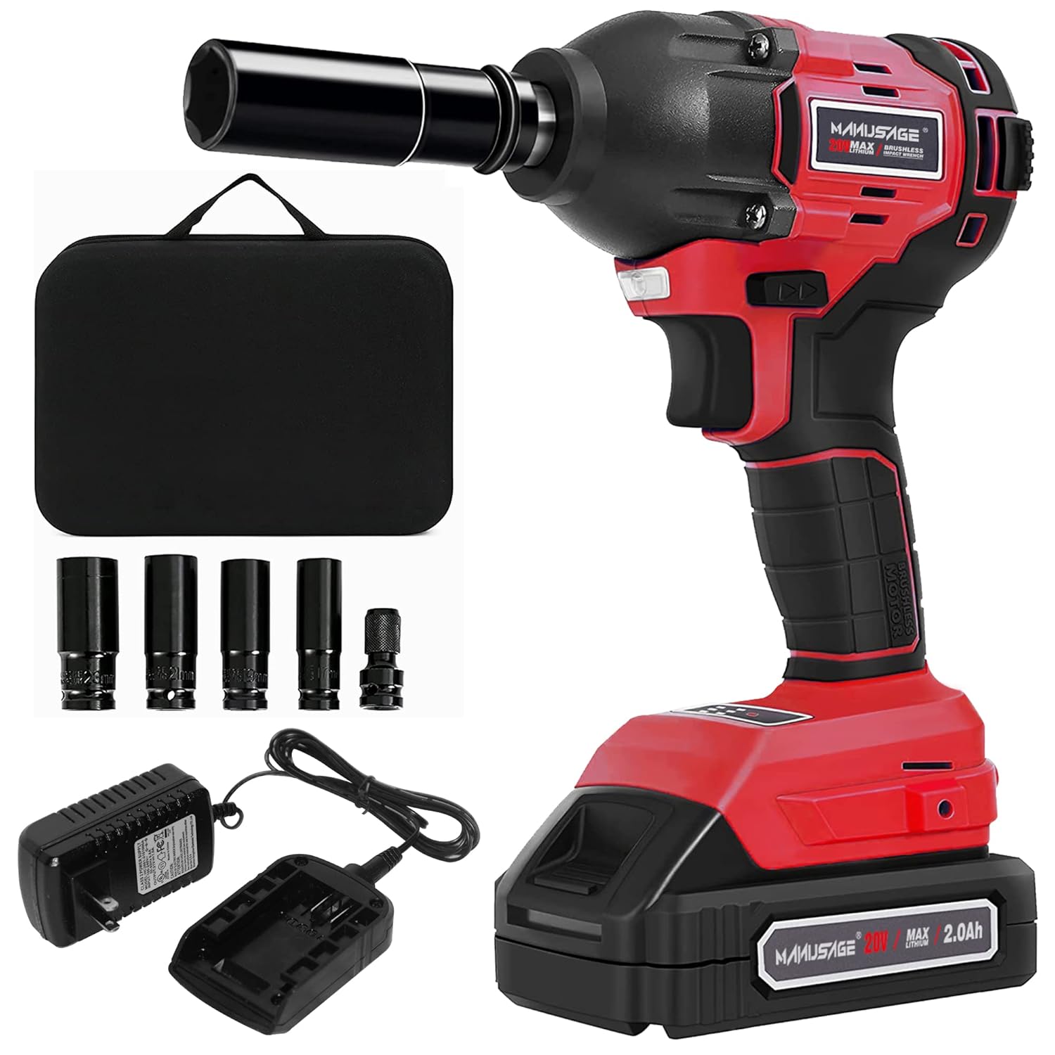 Manusage 20V Cordless Impact Wrench 1/2 inch, Powerful Brushless Motor, Max Torque 260 ft-lbs, 2 Ah with 4-pcs Driver Impact Socket Set, 1Pcs SDS Screw Bits Socket and Tool Bag (QSPT566012A)