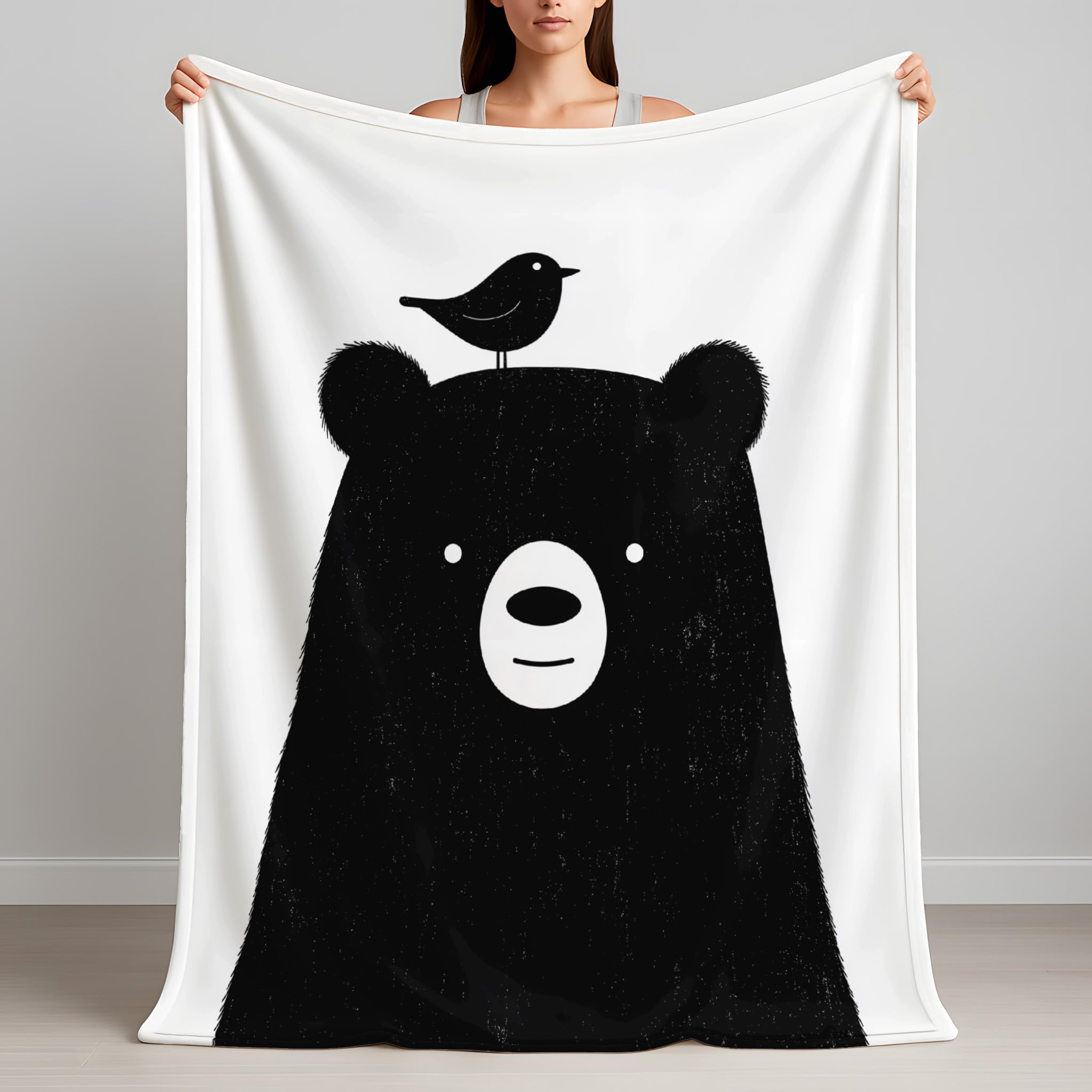 Generico Czarny pluszowy koc miękki 150 x 200 cm - minimalistyczny koc do rzucania na łóżko - miękki niedźwiedź ciepły ptak na sofę przytulny puszysty wysokiej jakości