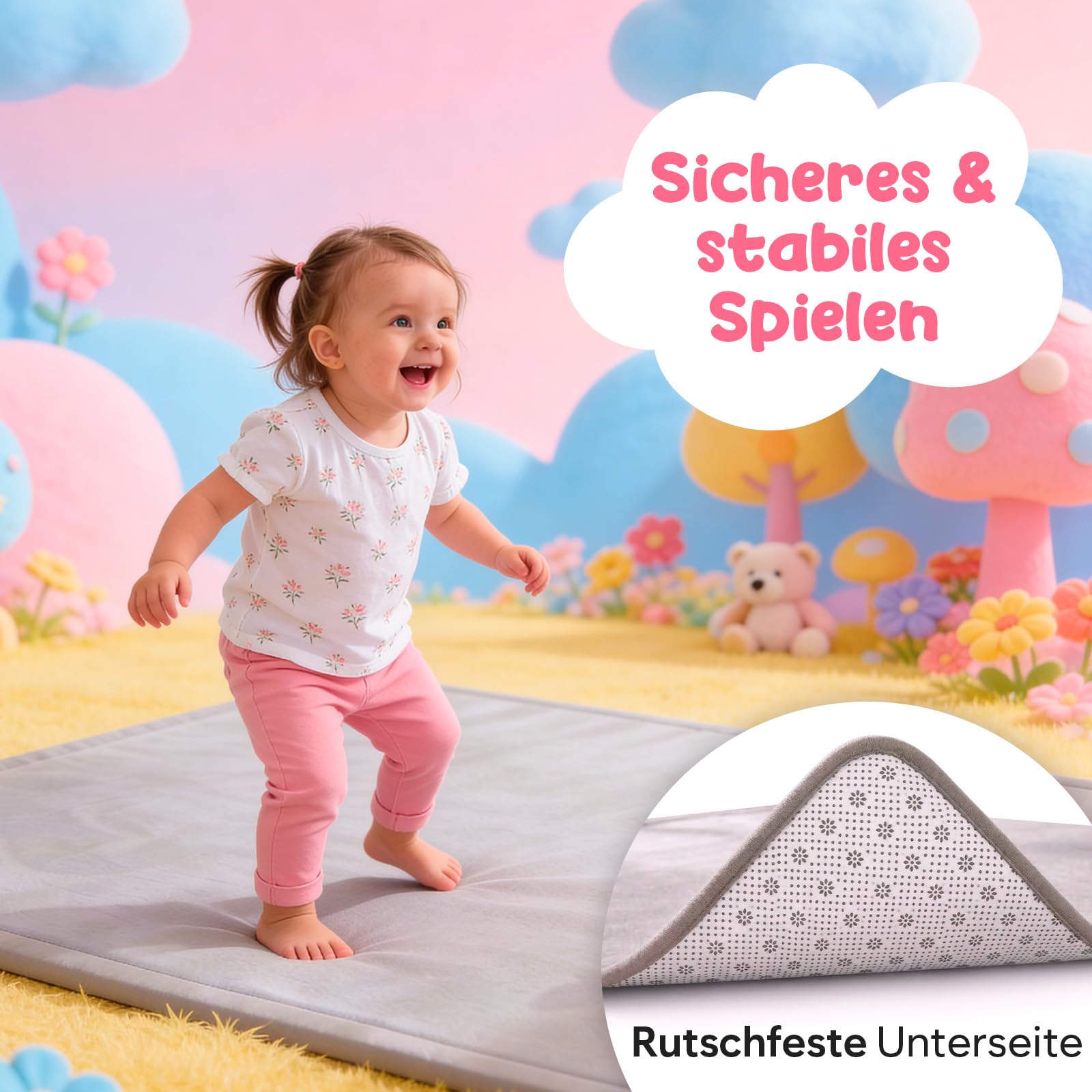 Krabbelmatte Baby 150x150 cm – 3 cm dicke Memory-Foam Spielmatte – Ungiftig, Rutschfest & Stoßdämpfend – Weicher Spielteppich für Babys & Kleinkinder – Avec Maman