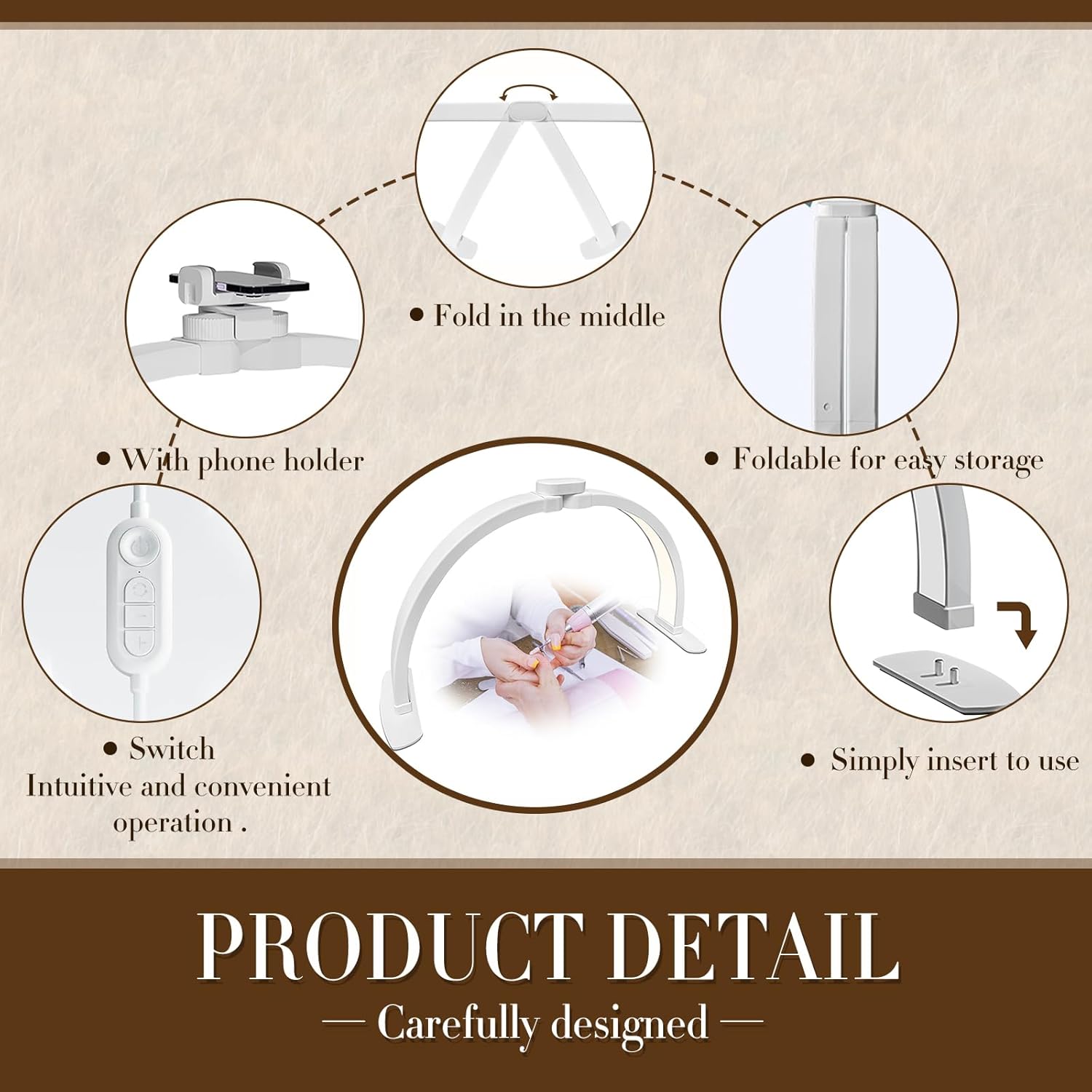 Half Moon Light for Nail Desk Foldable 3000-6500k Lash Light Nail Tech Lamp for Desk with Phone Holder for lash Extension Led Light for Nails tech Stepless Dimming (White, 29in)