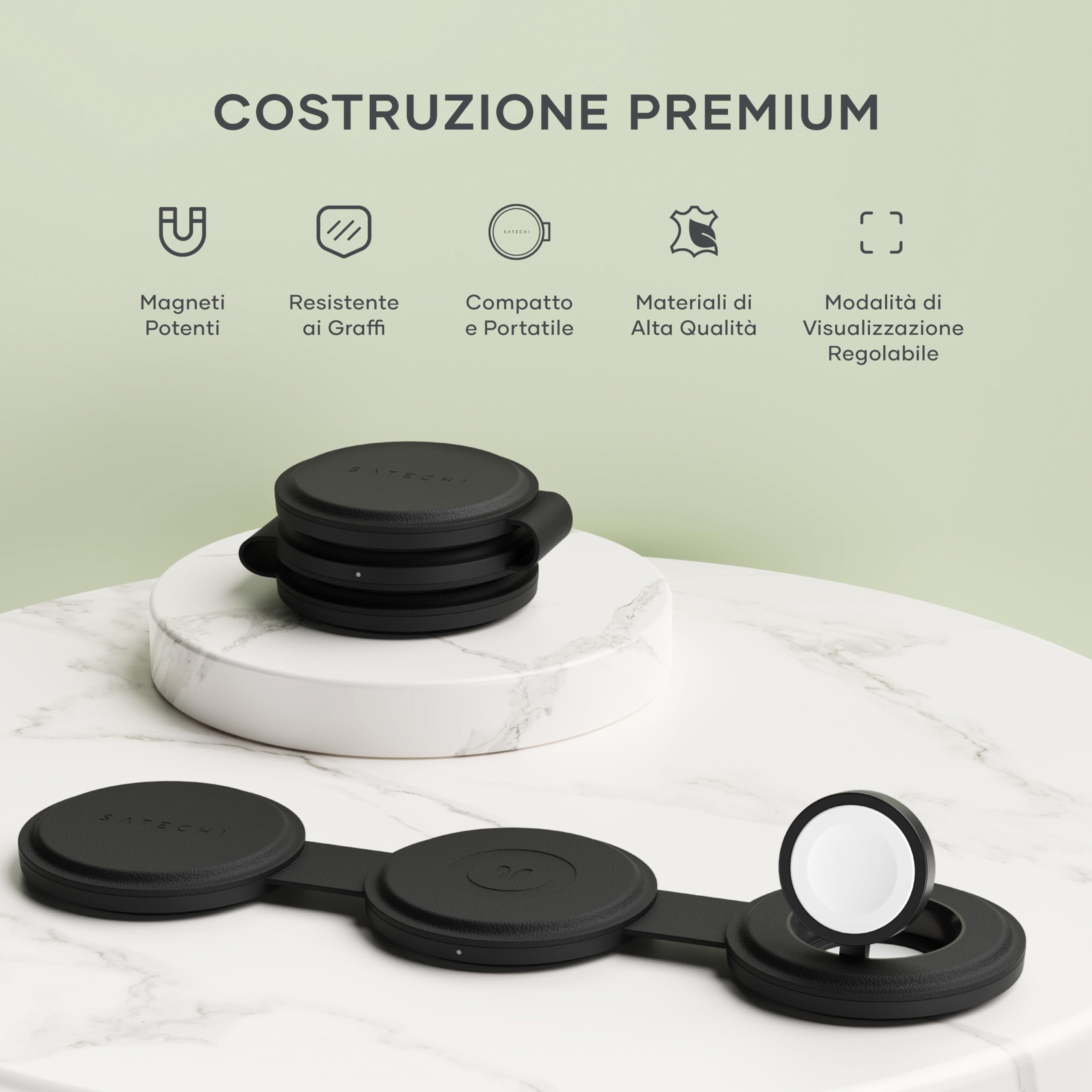 SATECHI OntheGo 3 in 1 Caricatore Wireless Qi2 15W, Nero | 15W per iPhone, 5W per Apple Watch e AirPods, design compatto da viaggio, compatibile con iPhone 17 a 12 e altro