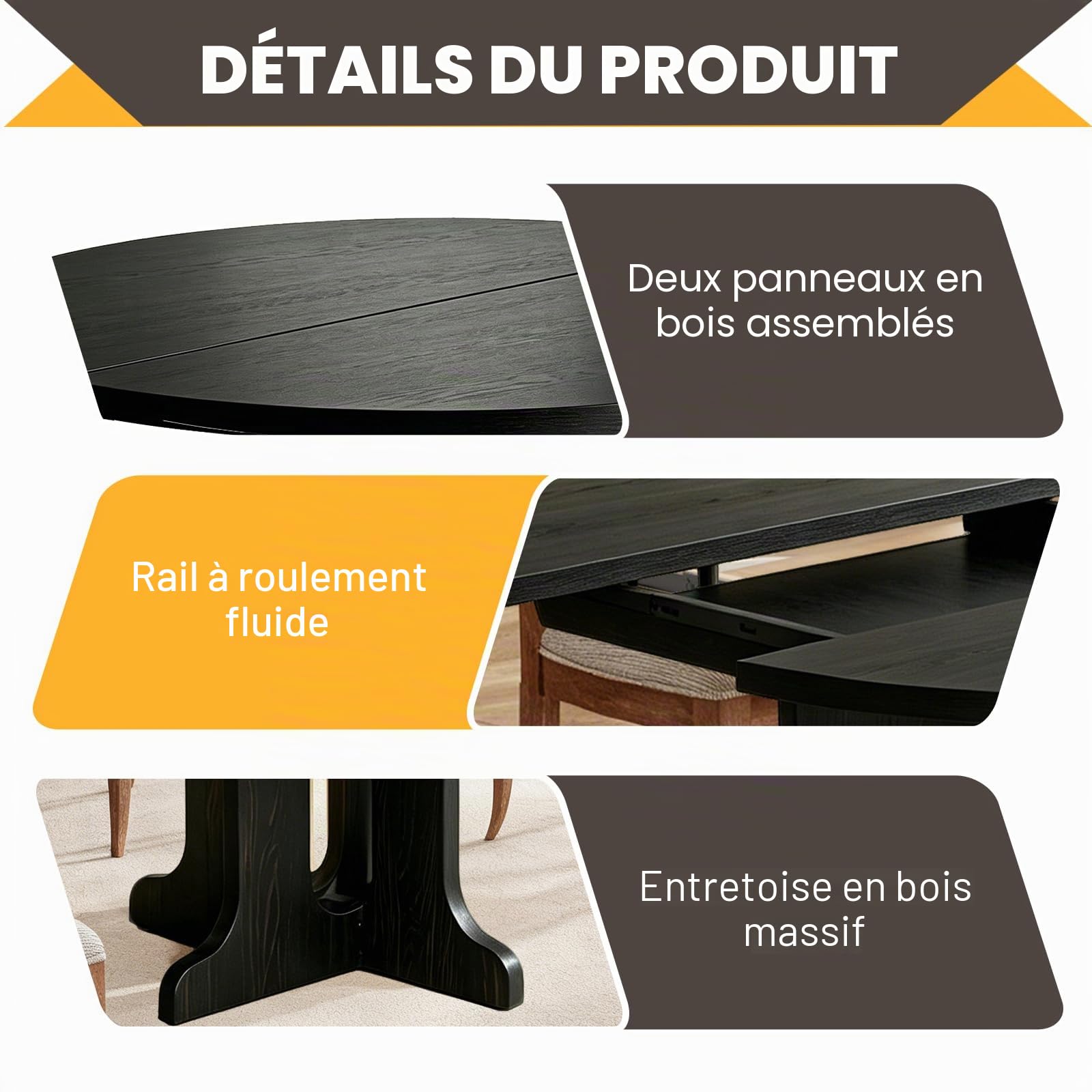 Table à manger extensible, 90-120 cm, ronde/ovale, table de cuisine en MDF pour 2 à 8 personnes, hauteur 75 cm, table à manger moderne pour salon, cuisine, socle en bois croisé, gain de place (noir)