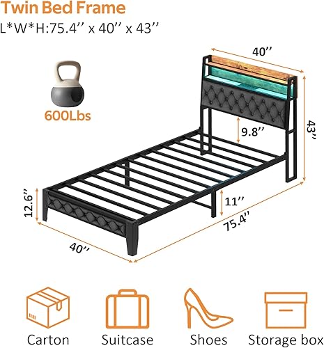 Miniatura 2 de Winkalon Base de cama LED individual con cabecero, base de cama con estación de carga, marco de cama de plataforma de metal, tamaño individual, no