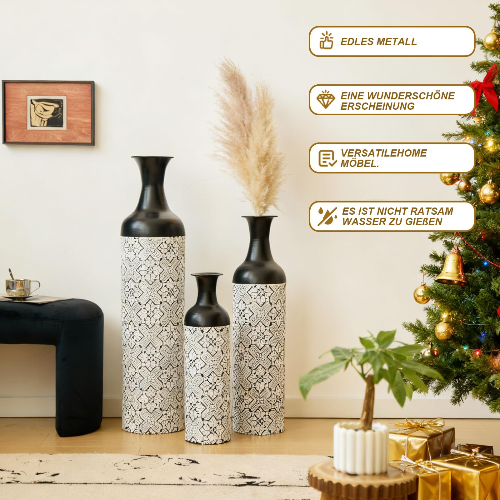 OCACA Juego de 3 jarrones de suelo de metal en blanco y negro – jarrones altos retro en 83/65/50 cm para hierba de las Pampas y flores secas – Elegante decoración de salón y pasillo en moderno diseño
