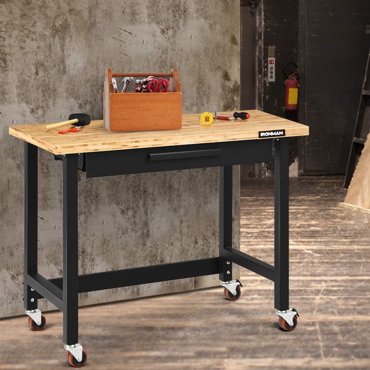 Goplus 48" Mobile Workbench, Bamboo Tabletop Workstation with Two Lockable Casters, Sliding Organizer Drawer, Weight Capacity 500 Lbs, Multipurpose Worktable
