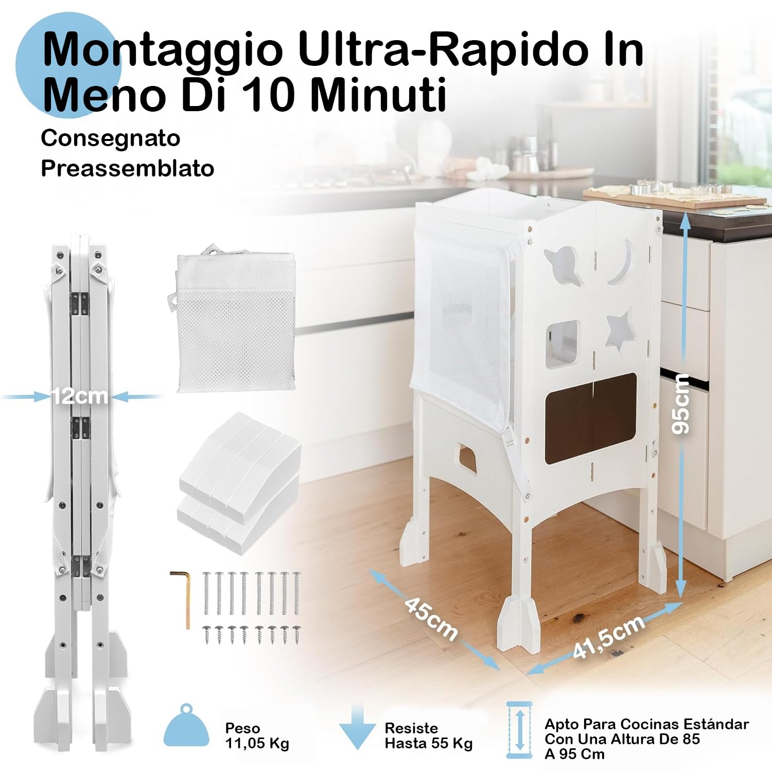 Torre de Aprendizaje Desde 1 año – Torre Plegable con Red de Seguridad de 360° – Learning Tower Extremadamente Estable y Robusta – Entrega preensamblada con protección antivuelco (Blanco)