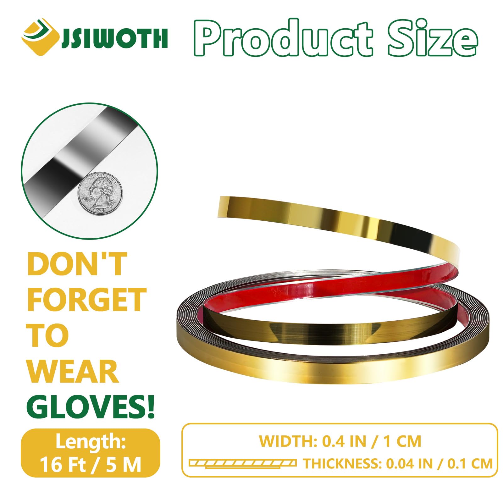 Moulure Murale Acier Inoxydable, Bande Métallique Autocollante Effet Miroir, Profil Flexible pour Miroirs, Murs, Fenêtres et Meubles, 5m x 1cm oro brillante