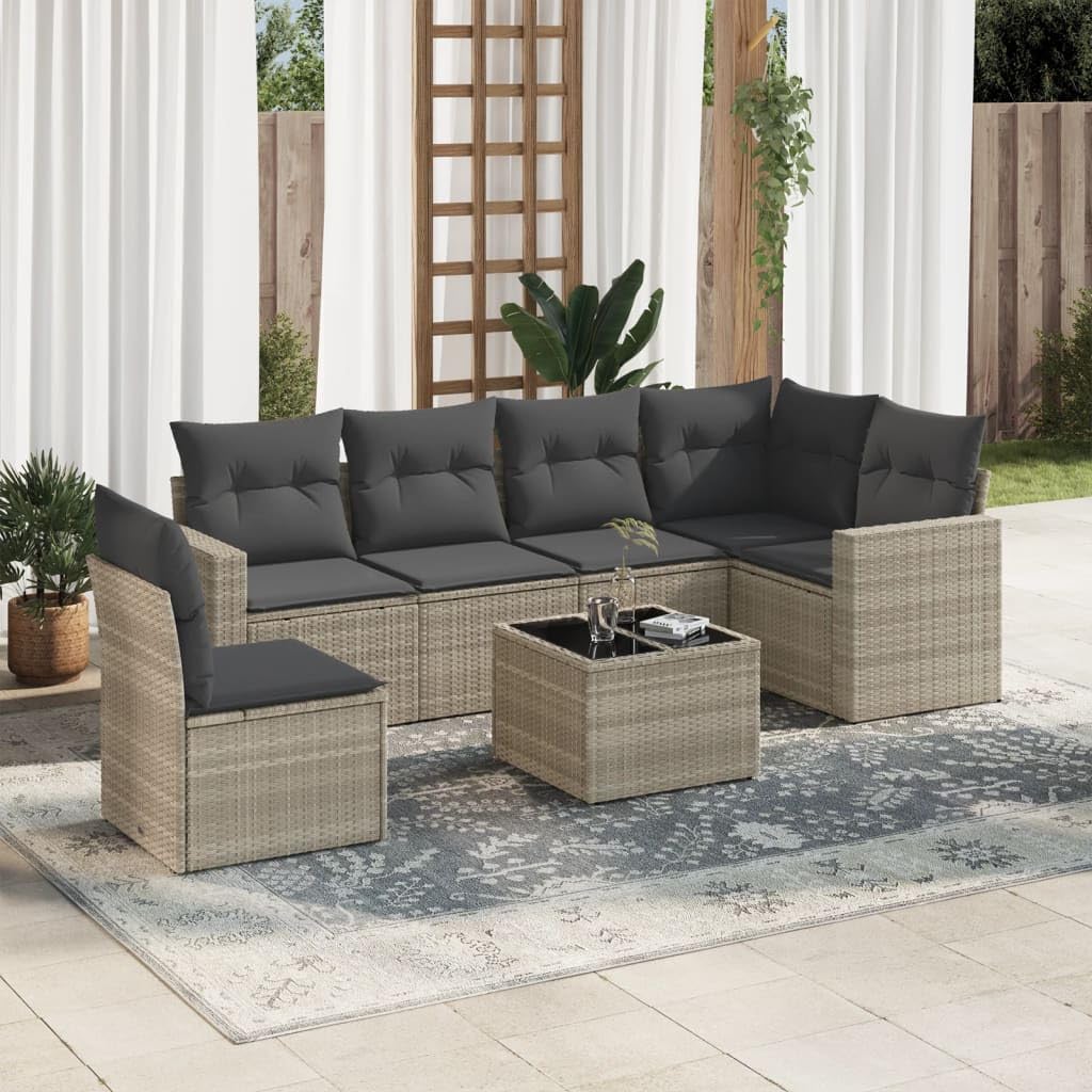 Set divano in polyrattan grigio chiaro con tavolo in vetro, set di sedute con cuscini, divano da giardino modulare con vano portaoggetti e borsa idrorepellente, fodere sfoderabili e lavabili