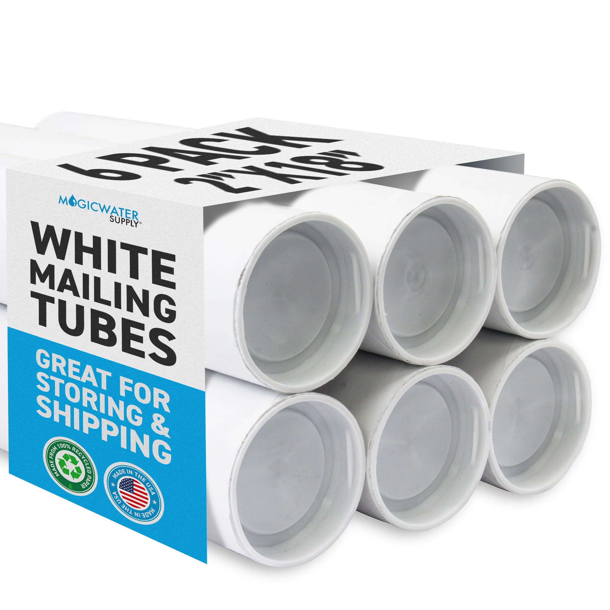MagicWater Supply Mailing Tube 2 in x 18 in White - 6 Pack - for Shipping and Storage of Posters, Arts, Crafts, and Documents