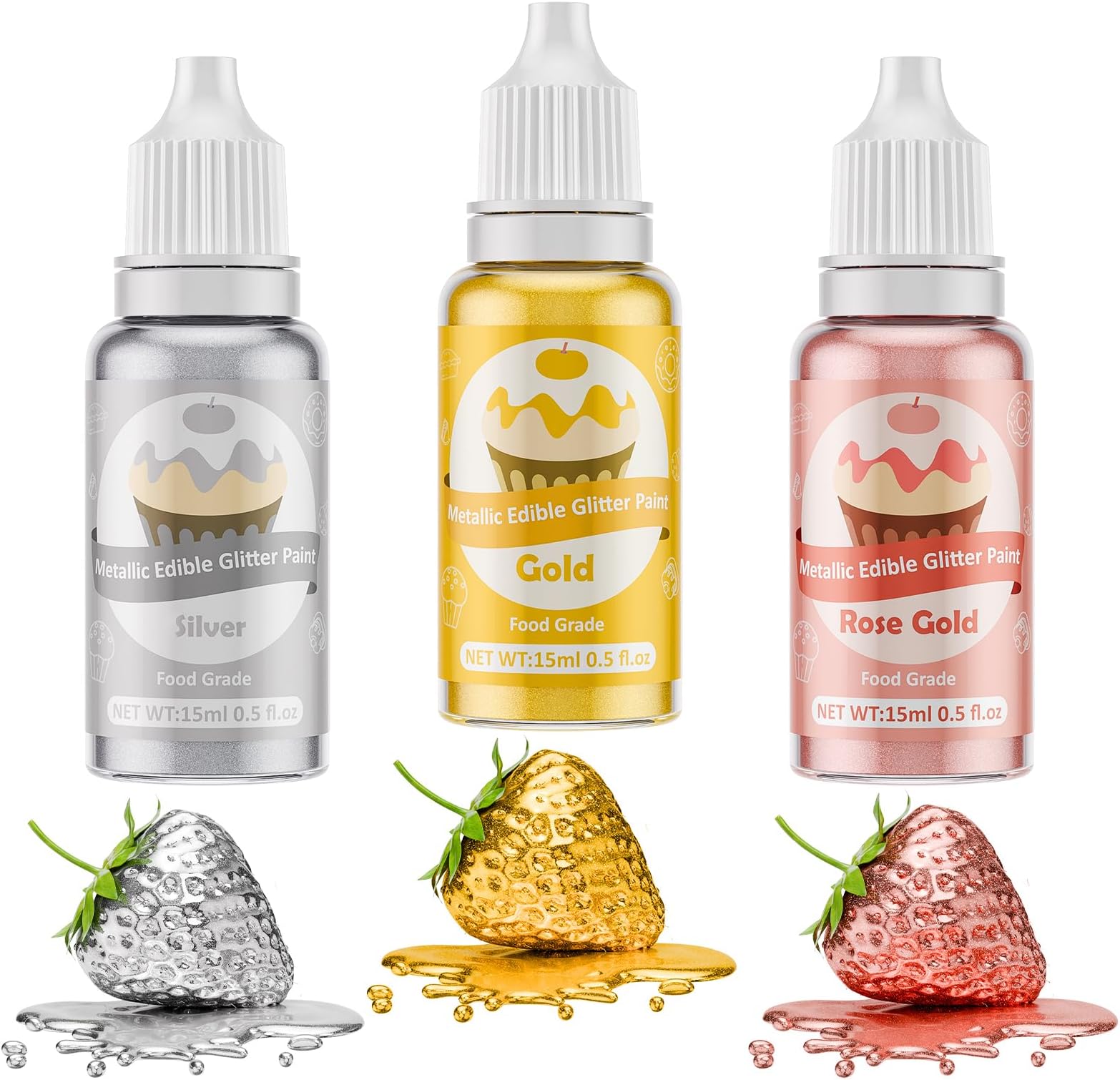 Edible Glitter Paint - 3 Colors Decorative Cake Metallic Glitter, Food Grade For Decorating, Baking, Candy, Cookie, Chocolate -0.5 Fl.Oz(15Ml)/Bottle (Gold,