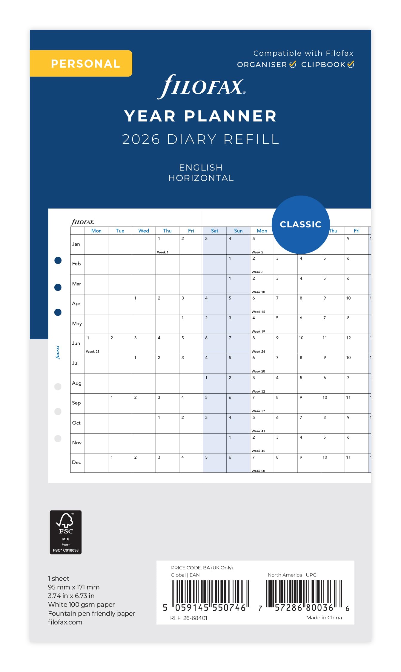 Filofax Personal Horizontal Year Planner 2026