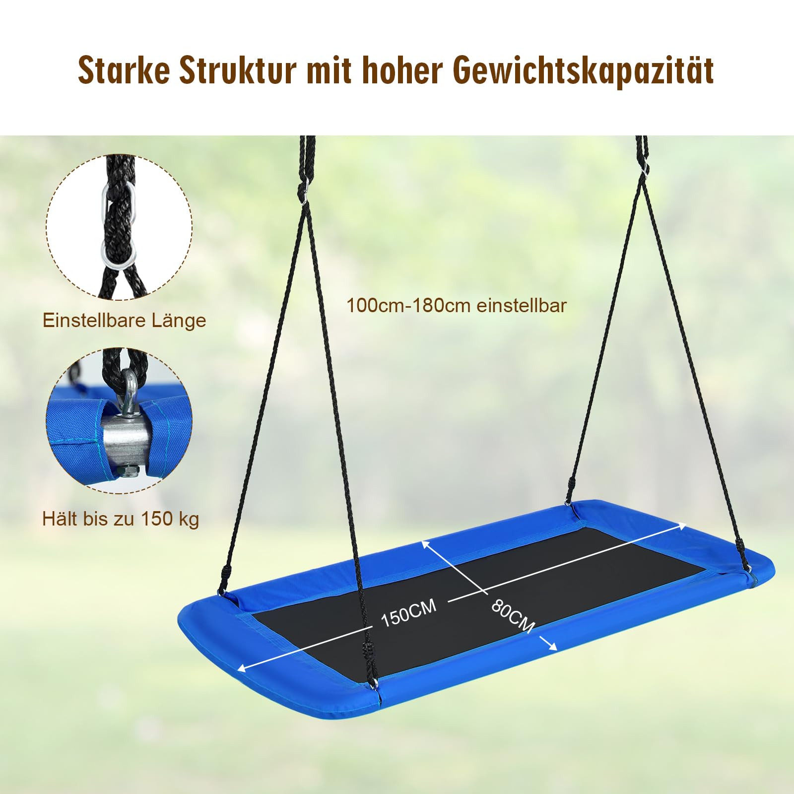 COSTWAY Nestschaukel eckig bis 150kg belastbar, 150 x 80 cm, Baumschaukel mit 100-180cm verstellbaren Seil, Mehrkindschaukel Kinderschaukel, Outdoor Gartenschaukel für Kinder & Erwachsene (Blau)