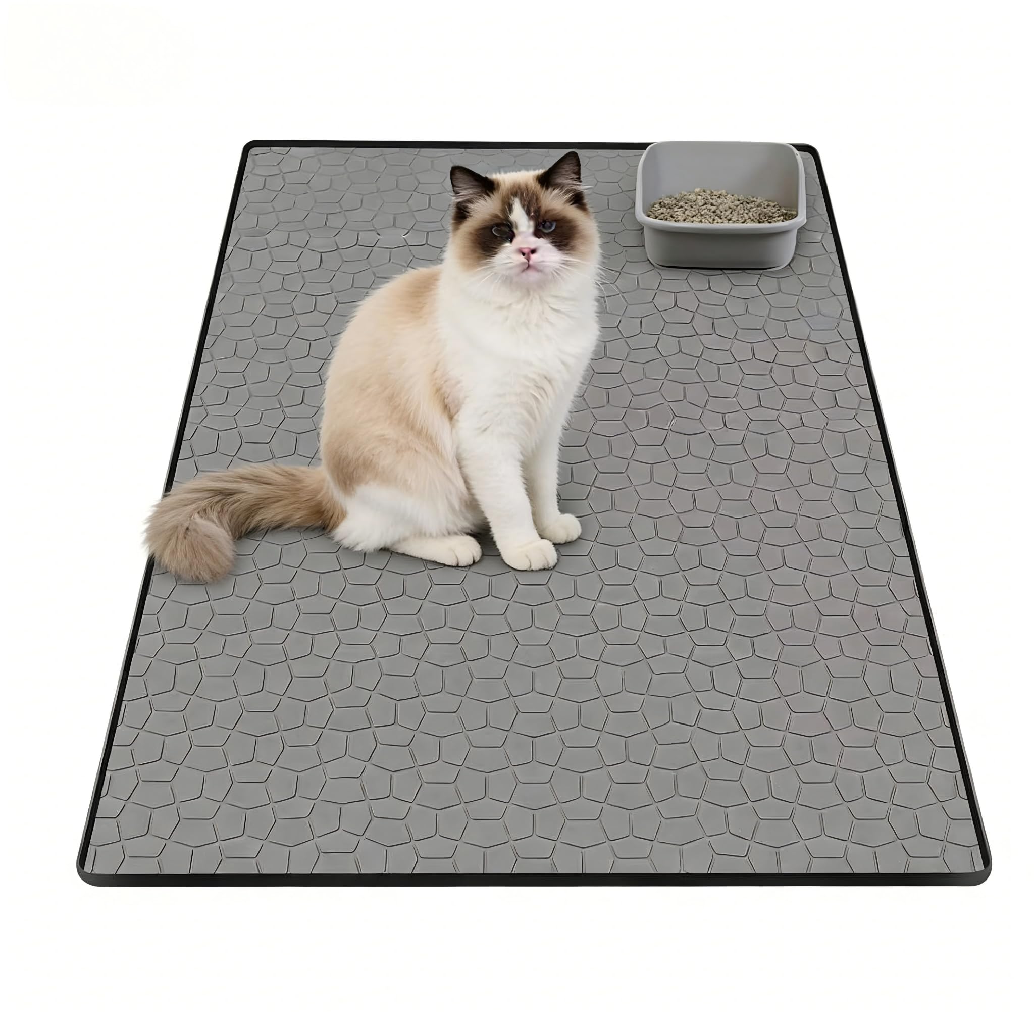 Tappetino per lettiera per gatti extra large, di alta qualità, resistente, impermeabile, in silicone, con bordi alti, antiscivolo, controllo dello spargimento, facile da pulire (86 x 55 cm, grigio)
