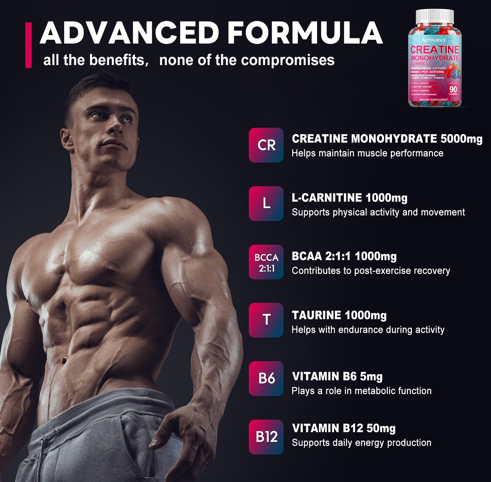 bcaa creatine l carnitine Amazon.com: Creatine Monohydrate 5000mg Gummies with BCAA, L-Carnitine,  Taurine & Vitamin B12 main image 1