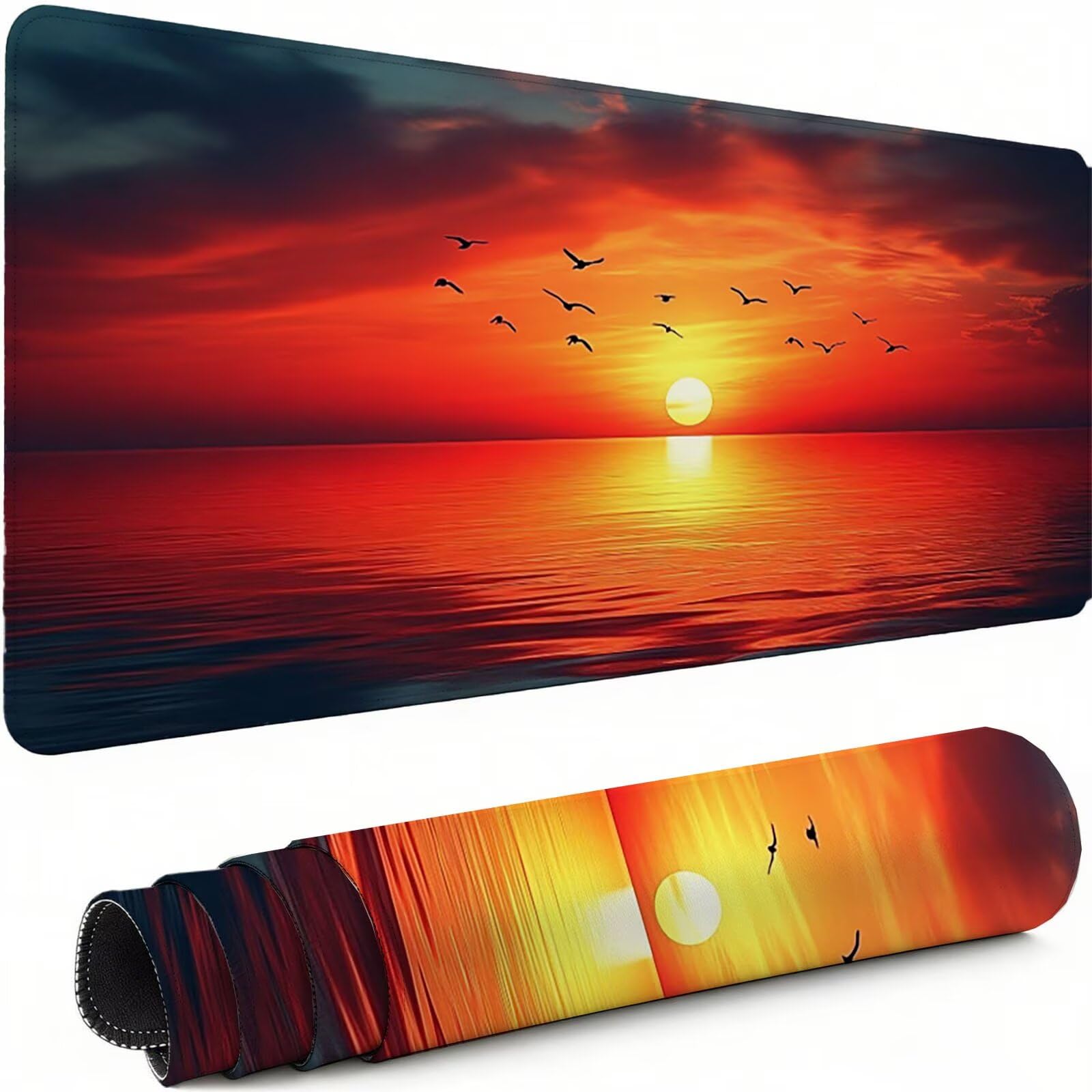 Podkładka pod mysz do gier czerwona podkładka pod mysz XXL 1200 x 600 mm, podkładka pod mysz z antypoślizgową gumową podstawą, ochrona na biurko o zachodzie słońca, poprawia dokładność i szybkość C