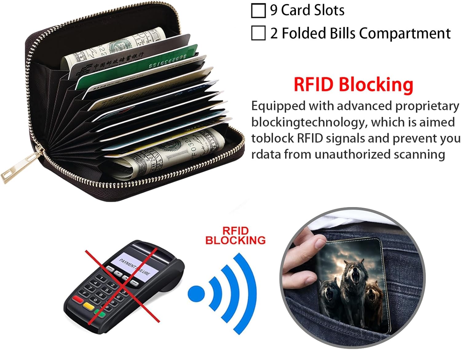 Credit Card Holder Wallets for Women, RFID Blocking Small Leather Card Case Wallet with Zipper Accordion Wallets, Wolf Howling Under The Moon - Image 4