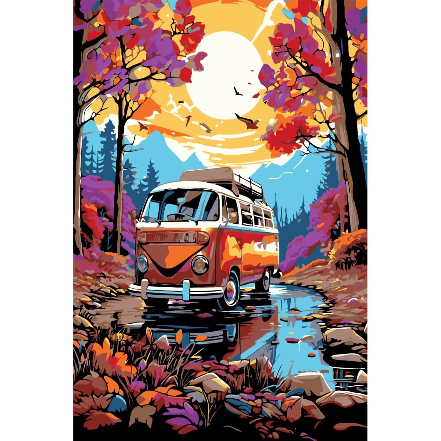 UNIQUORS Paint by Numbers for Adults, DIY Oil Painting Vintage Camper Trees Sunrise for Beginners, Paint by Number Kits for Home Decor Without Frame, 16x20 in