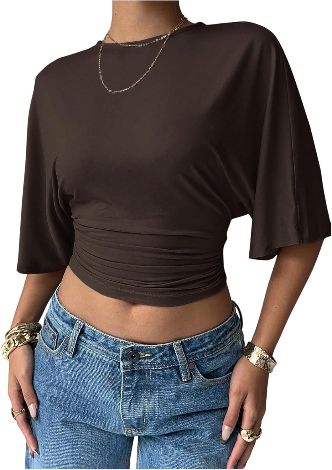 Verdusa Women’s Half Sleeve Cinched Waist Tops Ruched Crew Neck T Shirts Going Out Crop Tops