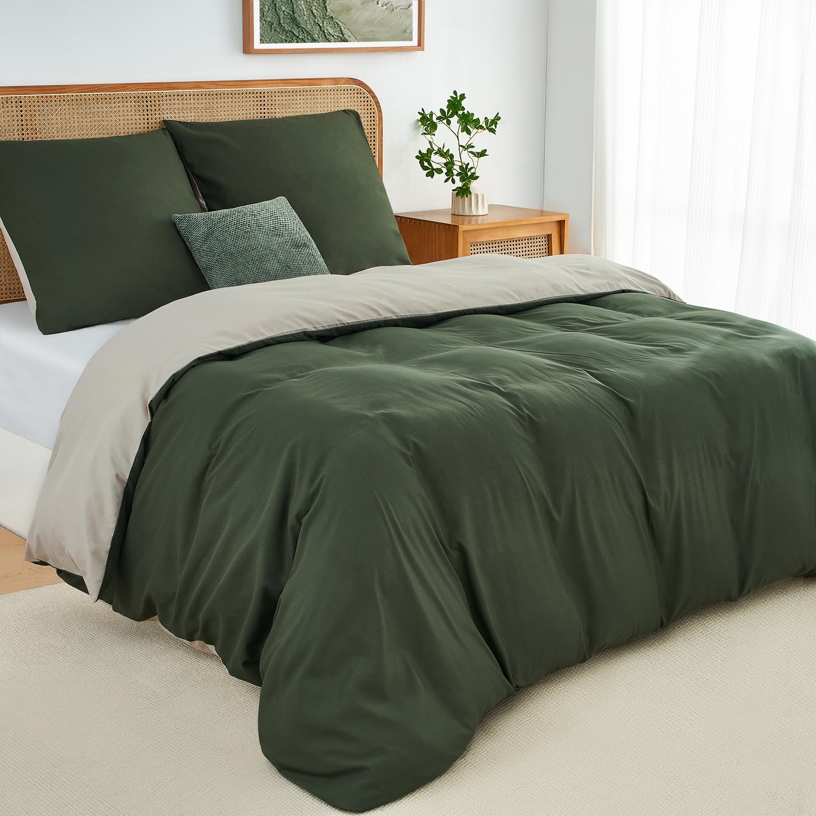 Duvetnova King Size Duvet Cover Sets Olive Green/Beige Reversible Soft Brushed Microfiber Bedding Set with Zipper Closure OEKO-TEX Wrinkle-Free 230x220cm with 2 Pillow Cases โ image 1