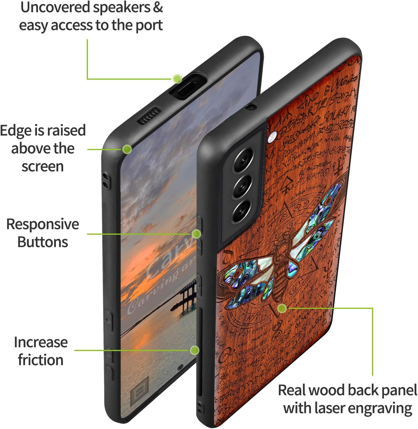 Carveit Designer Wooden Cover for Samsung Galaxy S22 Case [Wood Engraving & Shell Inlay] Compatible with Wireless Chargers Galaxy S22 (Death's Head Moth-Rosy)