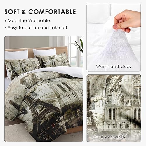 Miniatura 5 de Juego de edredón tamaño King, juego de ropa de cama suave de torre retro vintage de París para niños y adultos, juego de edredón gótico francés