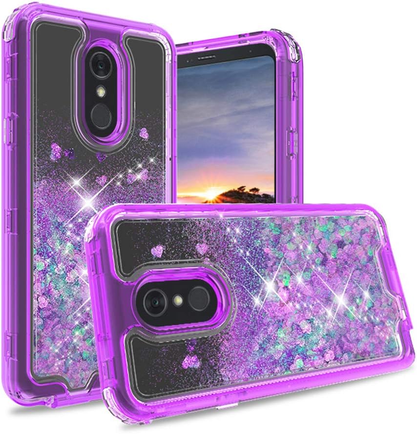 IDEA LINE LG Stylo 5 Case with Tempered Glass Screen Protector, Liquid Quicksand Floating Shiny Sparkle Flowing Diamond Crystal Case - Purple
