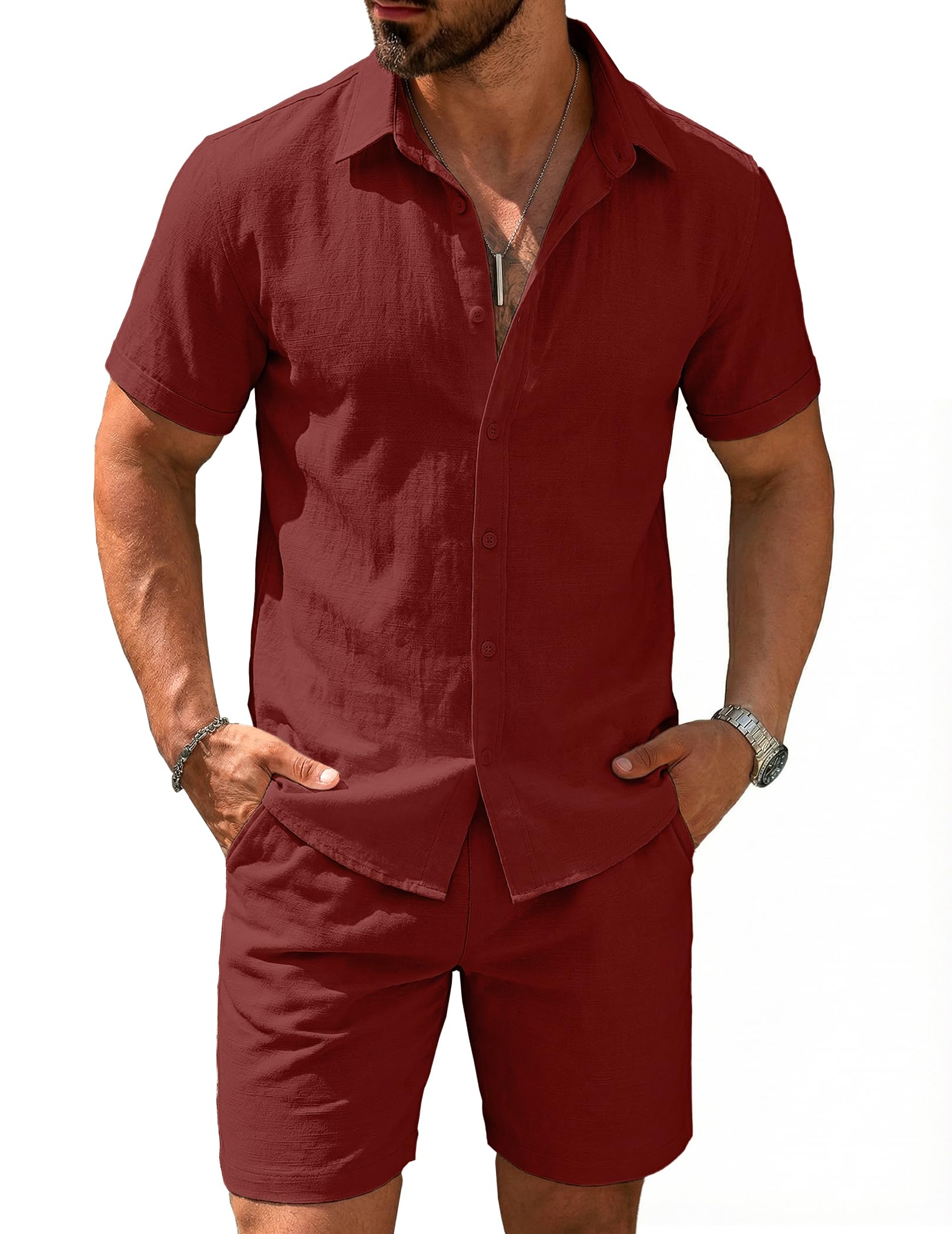 COOFANDY Set da uomo 2 pezzi in cotone e lino, a maniche corte, con bottoni, estivi, pantaloncini da spiaggia, abbigliamento casual