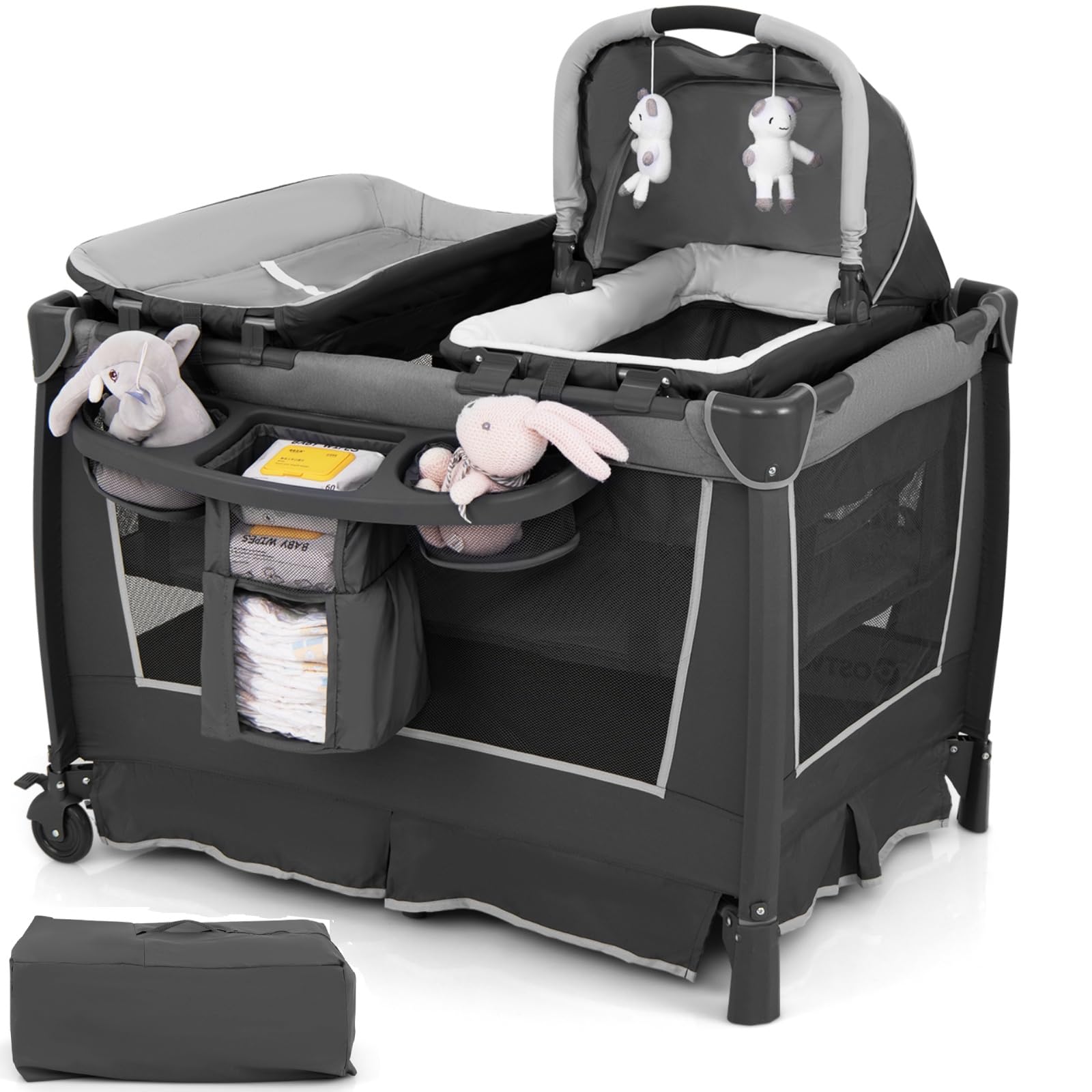 4-in-1 Baby Travel Cot, Folding Bed Playard with Bassinet, Changing Table & Two Hang Toys, Wheels and Storage Bag, Portable Infant Crib for 0-36 Months (Grey)