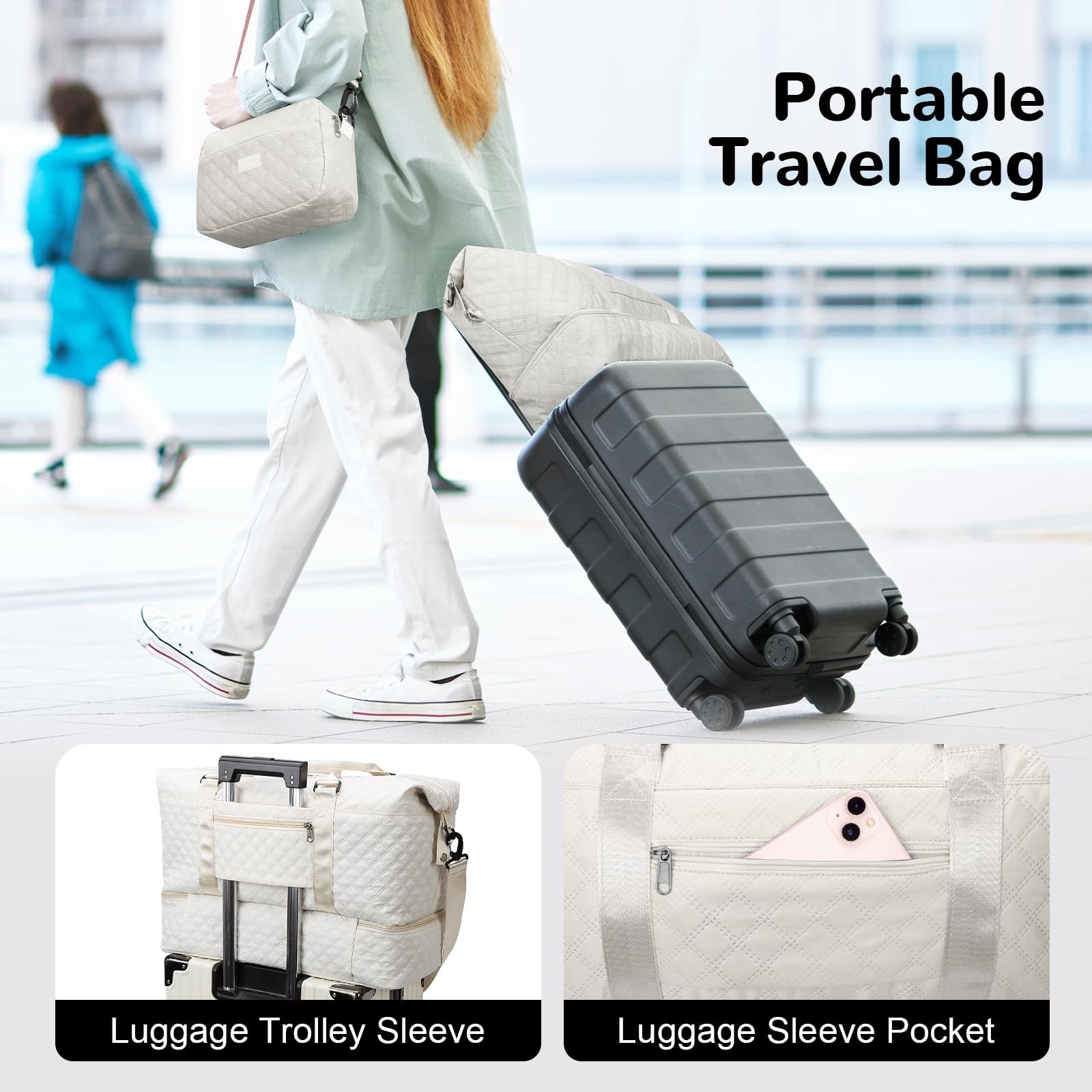 55L Borsone Viaggio Grande, Borsa Sportivo con Scomparto per Scarpe, Borsa Parto Ospedale Mamma Leggero con Borsa da Toilette per Campeggio Yoga Nascita, Bianco
