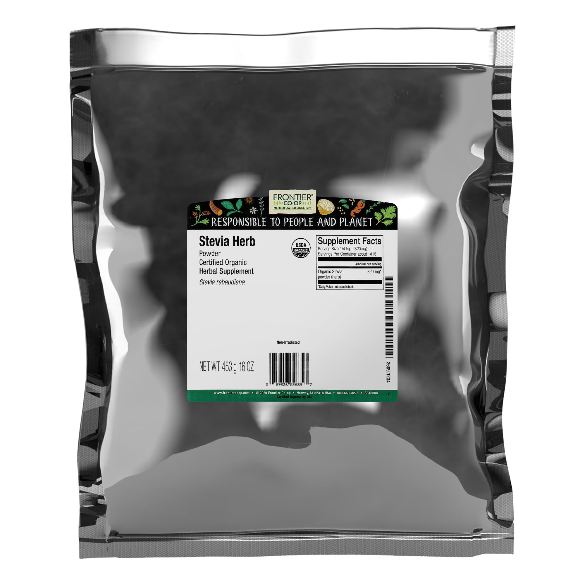 Frontier Co-op Stevia Herb Powder, 1lb Bulk Bag, Certified Organic | 100% Pure Stevia Powder | Ideal for Baking, Coffee, and Tea | No Fillers, KosherUSDA Organic