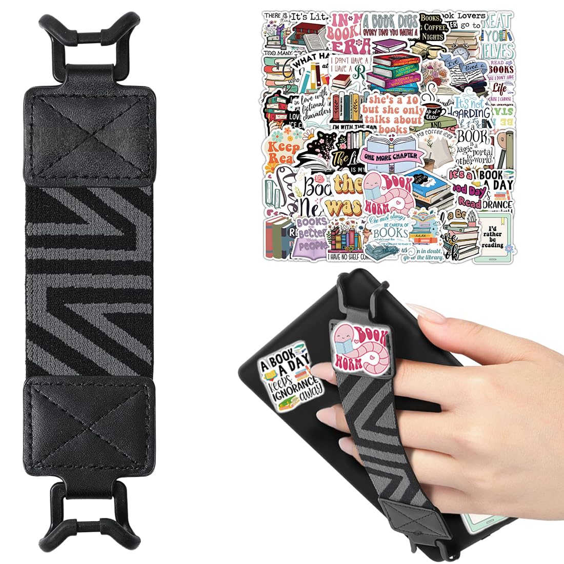 Cinturino da Mano Kindle Elastico Leggero per 6-8'' eReaders Fire Tablet, Supporto a Dito Nero + 50 Adesivi