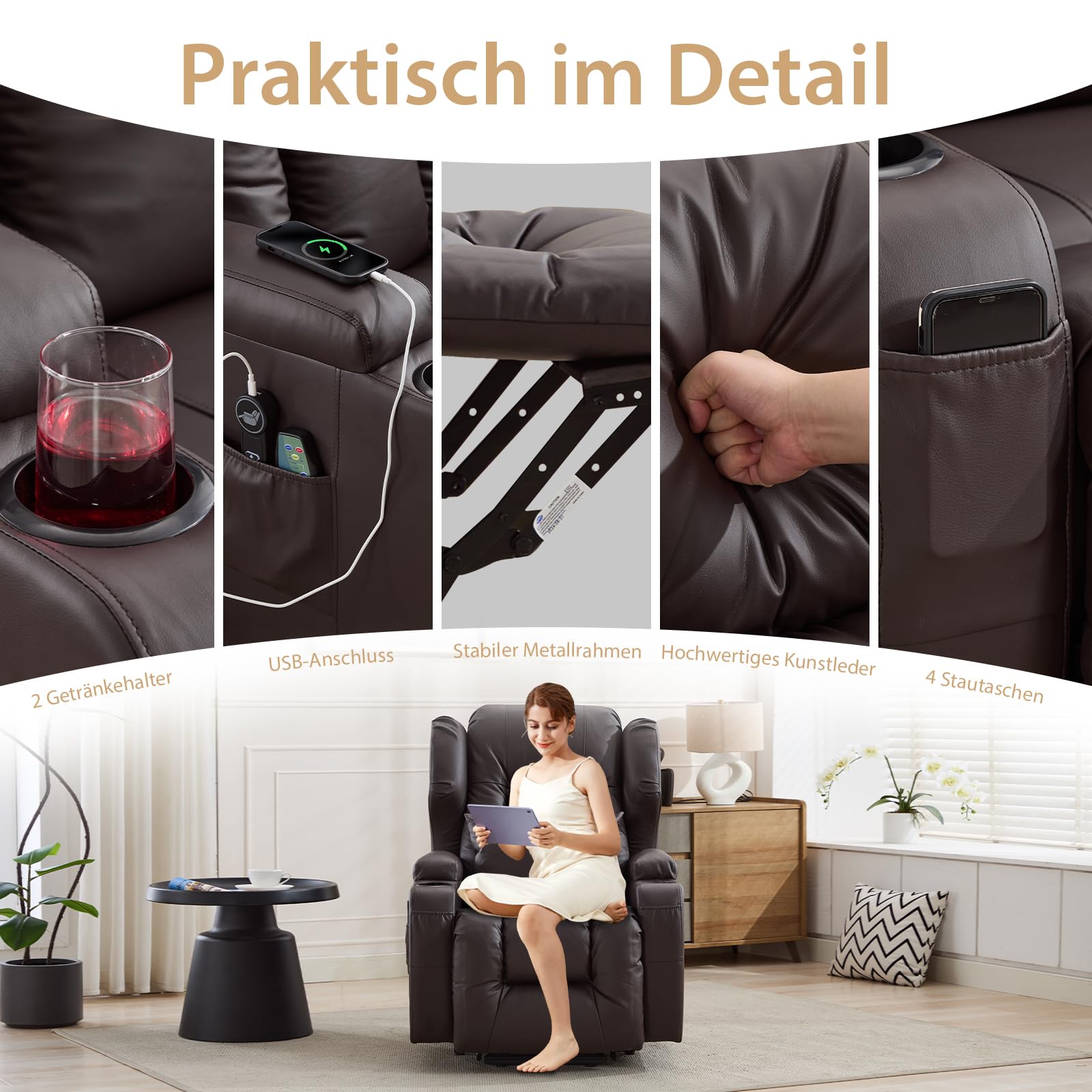 Elektrischer Sessel mit Aufstehhilfe Senioren, Elektrisch Verstellbarer Fernsehsessel mit Liegefunktion,Kinosessel mit USB & Getränkehalter,TV Sessel fürs Wohnzimmer (1, Braun)