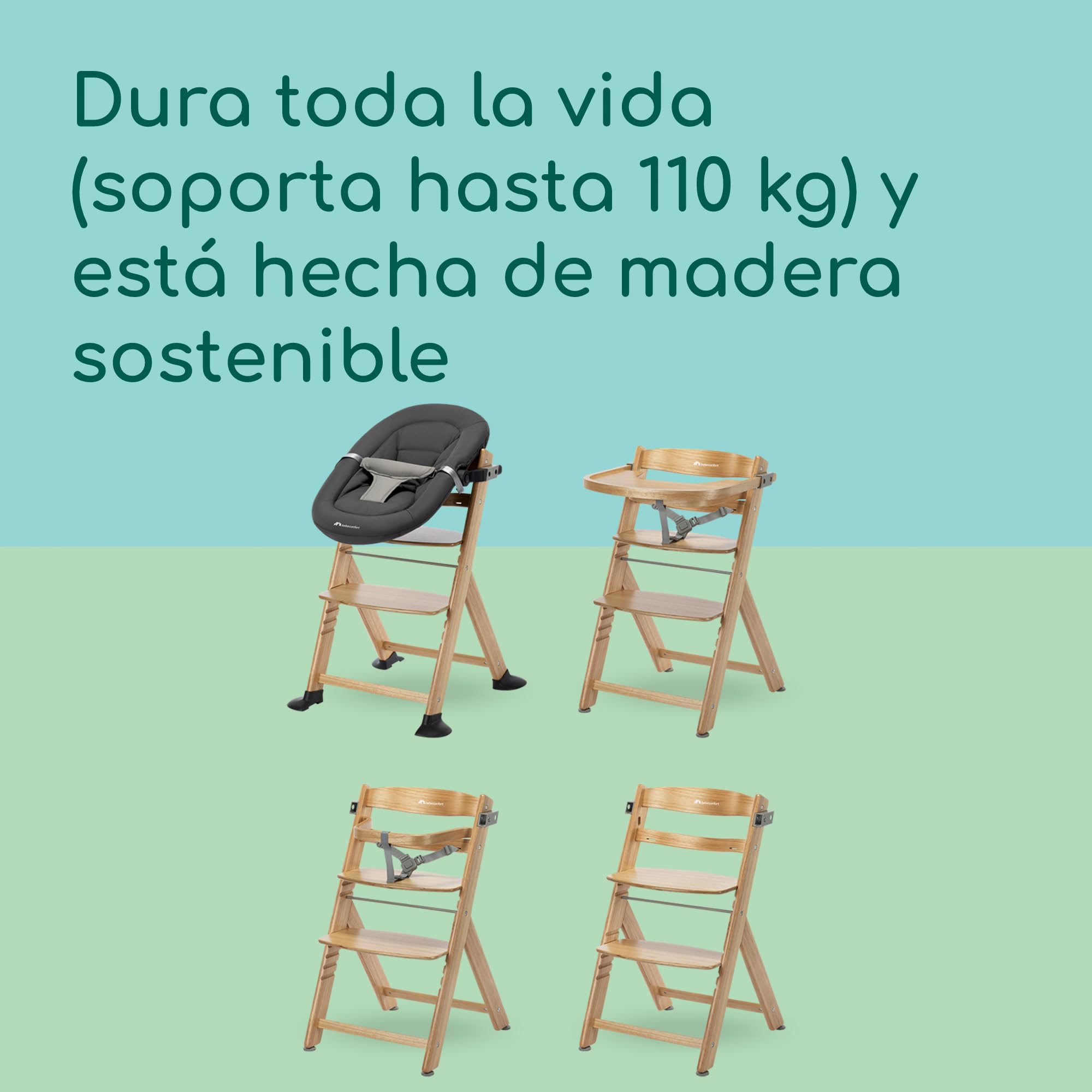 Bebeconfort Timba 2 Trona Evolutiva Bebé Madera, +6 Meses, Hasta 110 kg, Silla Trona Bebé Comedor Ergonómica, Apta para Mayoría de Mesas, Bandeja Extraíble, Asiento/Reposapiés Regulables, Natural Wood