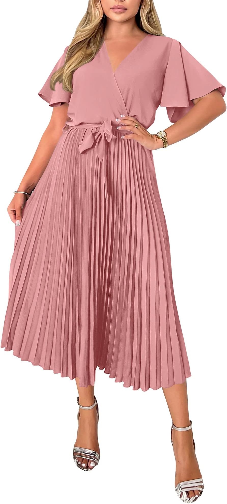 BTFBMWomen Wrap V Neck Casual Summer Dresses 2023 Short Sleeve Satin Tie Waist Pleated Flowy Wedding Guest Midi Dress
