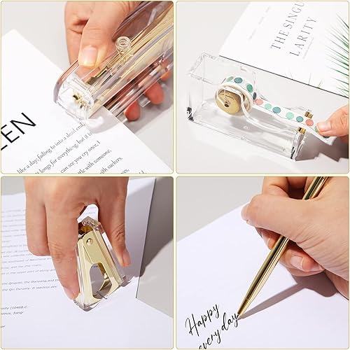 Vista 5 de Juego de accesorios de escritorio, suministros de oficina, suministros para el primer día de escuela, juego de grapas acrílicas, dispensador