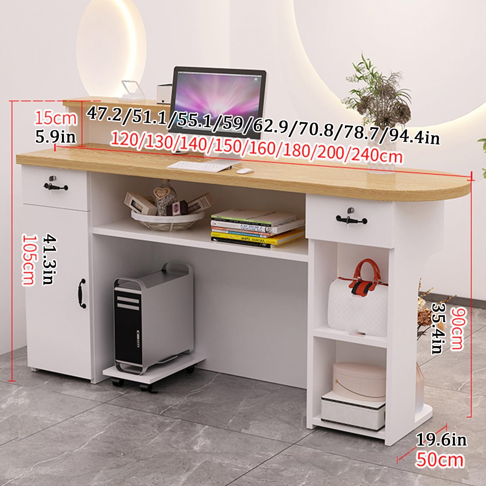 YVYKFZD Empfangstheke Rezeption mit Theke, offene Rezeptionstheken, Empfangstresen Holztheke mit verschließbaren Schubladen, verkaufstheke Thekentisch fürs Büro(Almond 1 R,51.1"x19.6"x41.3")