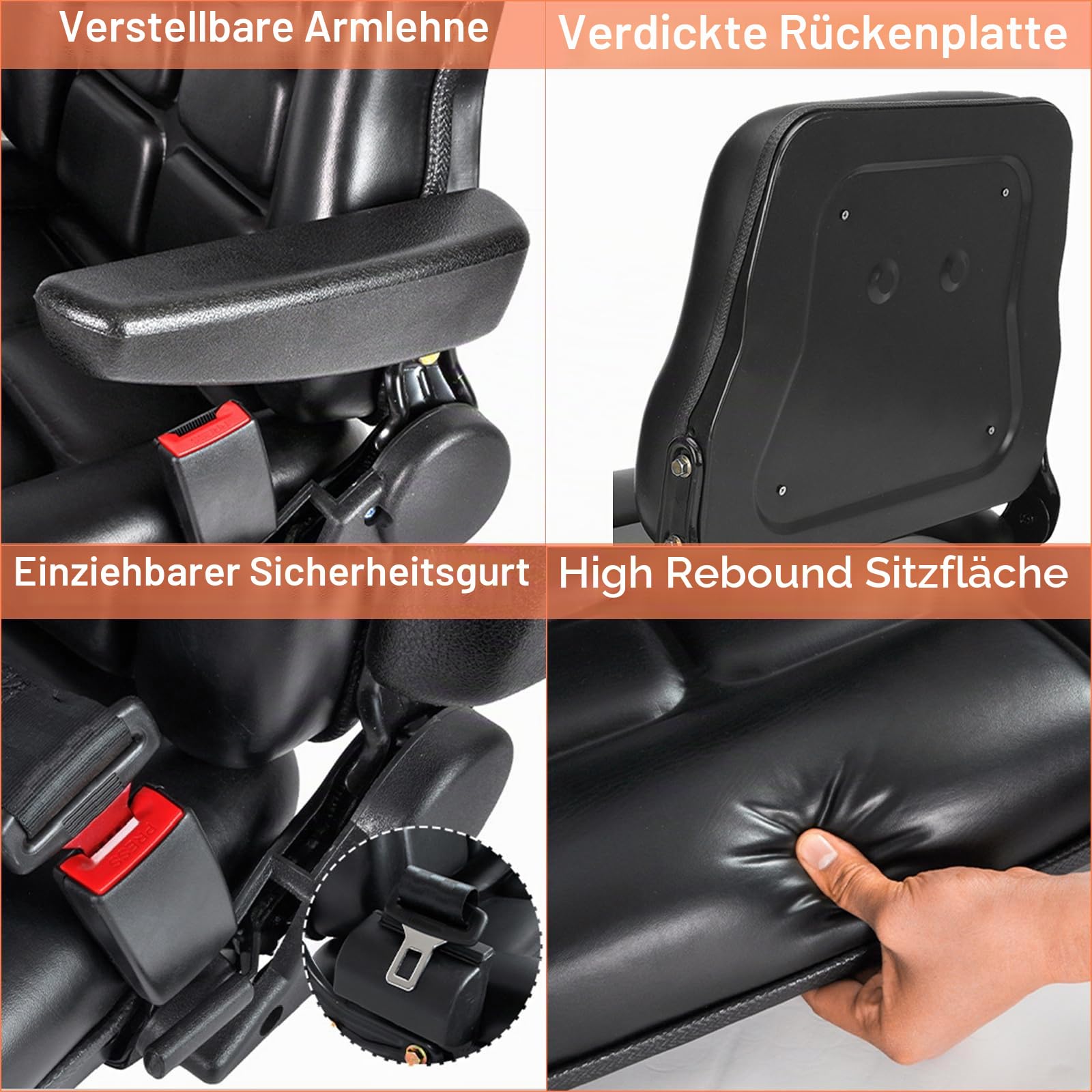 Universal verstellbarer Gabelstaplersitz mit Sicherheitsgurt, Arm- und Rückenlehne, wasserdichter PVC-Sitz für Traktor Bagger