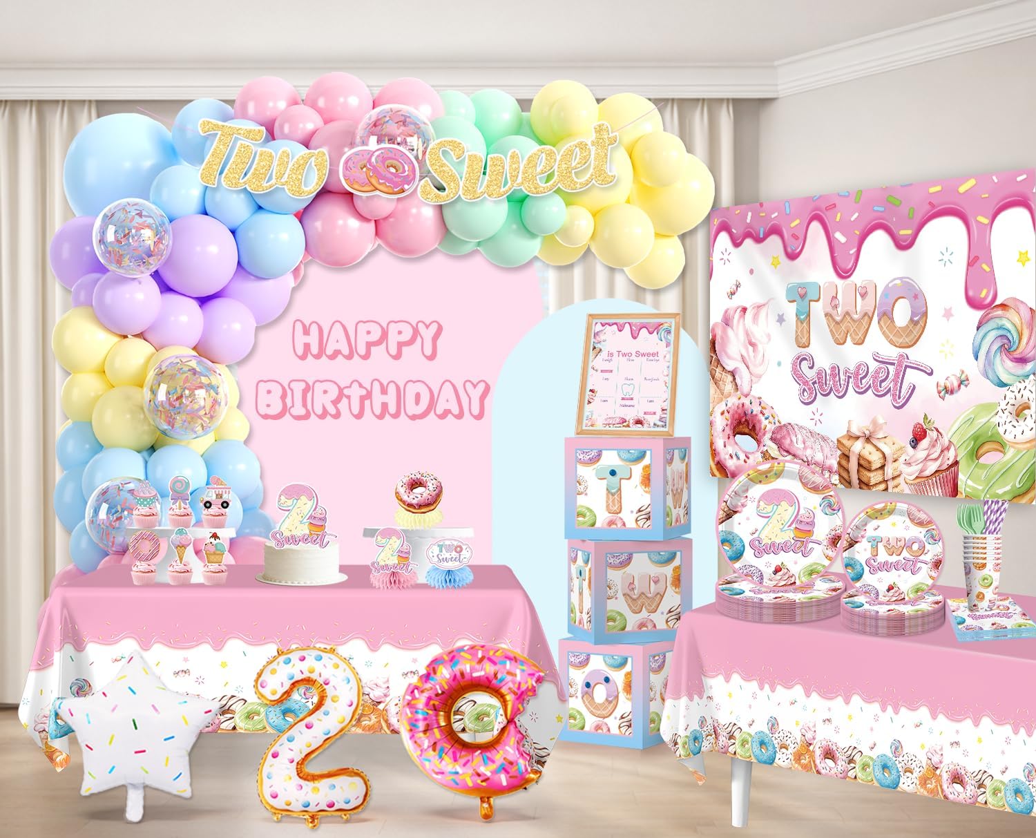 Cocomigo Two Sweet Birthday Decorations, One-stop 2 Sweet Birthday Decorations Girl Include 40 Paper Plates Cupcake Toppers Centerpieces Backdrop for 2-year-old Dessert Theme Party