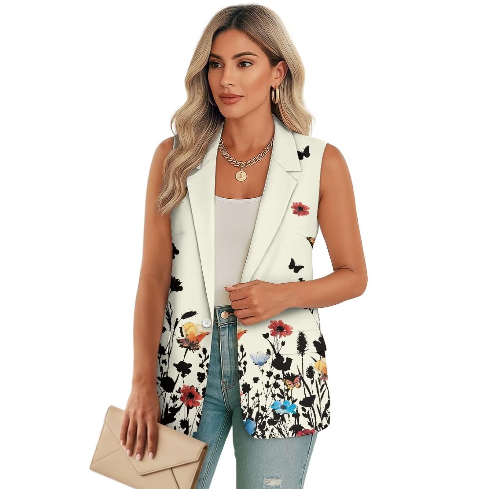 Womens Suit Vest Sleeveless Vest Tops Casual Business Blazers Suit Jackets One Button Waistcoat with Pockets
