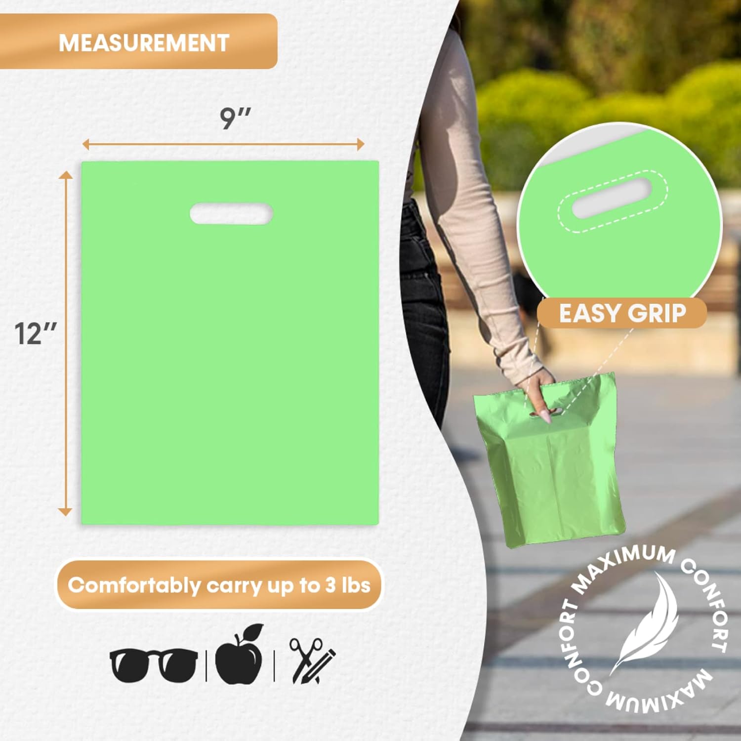 Merchandise Bags, Die Cut Handles, Strong, Durable, and Tear Resistant Bags Perfect for Retail, Boutiques, or Any Events, Different sizes and colors (Green, 9x12 Inch (Pack of 100) - Image 2
