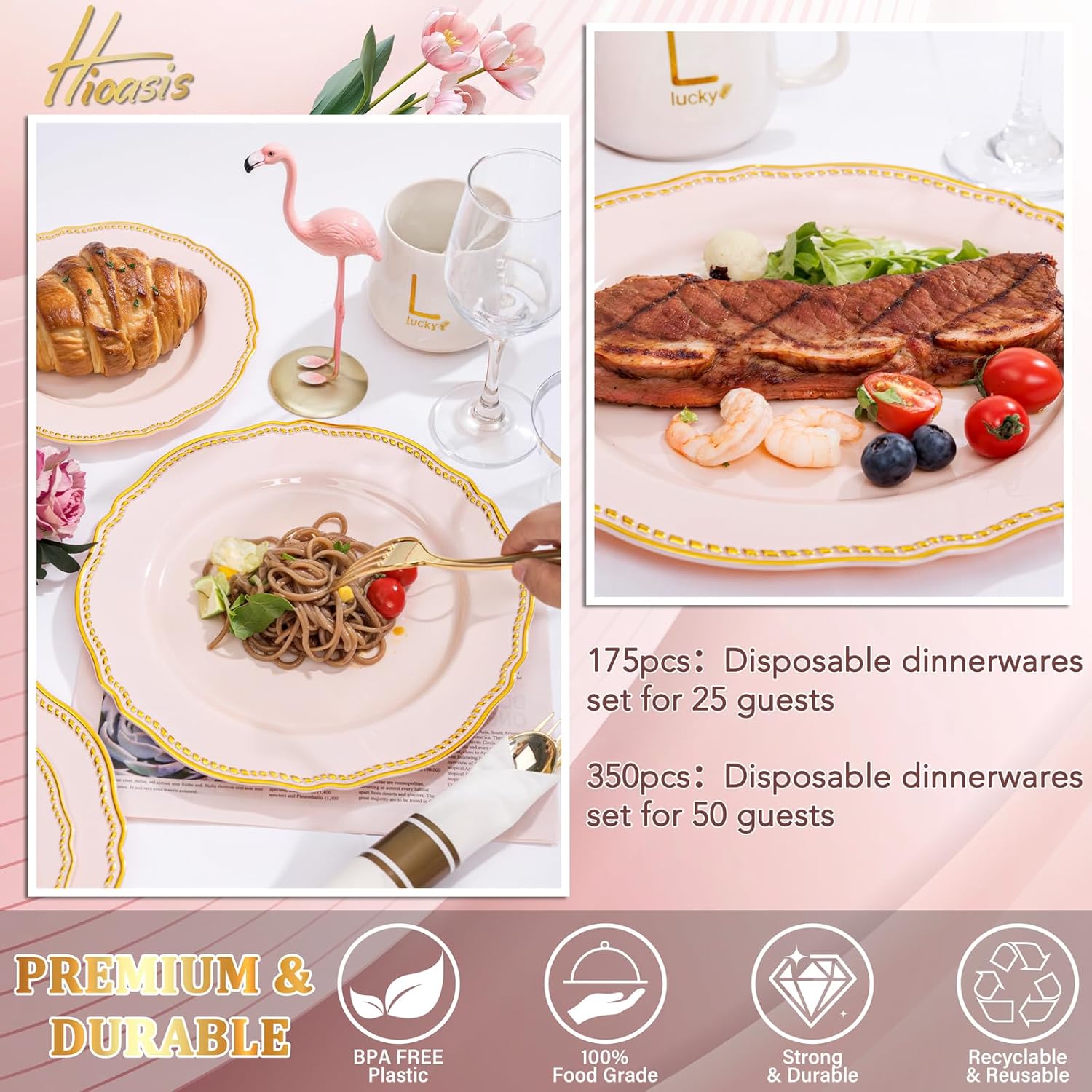 Hioasis 350pcs Pink and gold Plastic Plates - Pink Plastic Dinnerware Set Includes 50 Dinner Plates, 50 Dessert Dinnerware, 50 Cups, 50 Rolled Napkin Cutlery Perfect for Wedding & Valentine's Day - Image 6